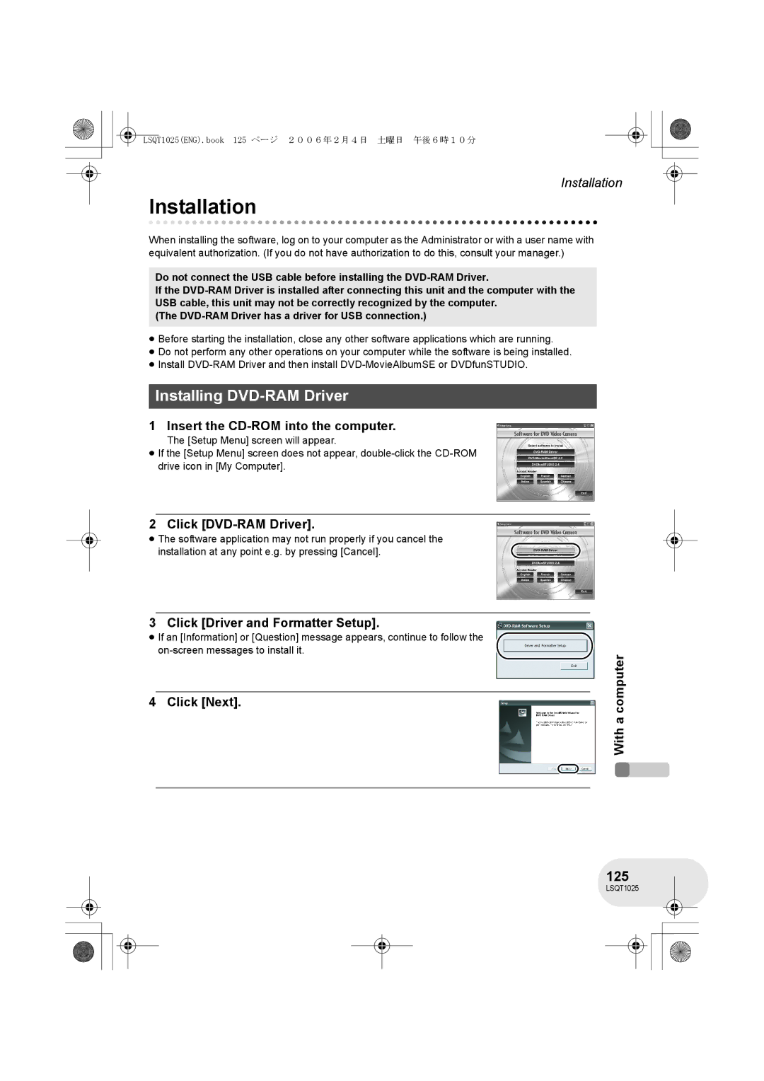 Panasonic VDR-D300GN, VDR-D250GN operating instructions Installation, Installing DVD-RAM Driver, 125 