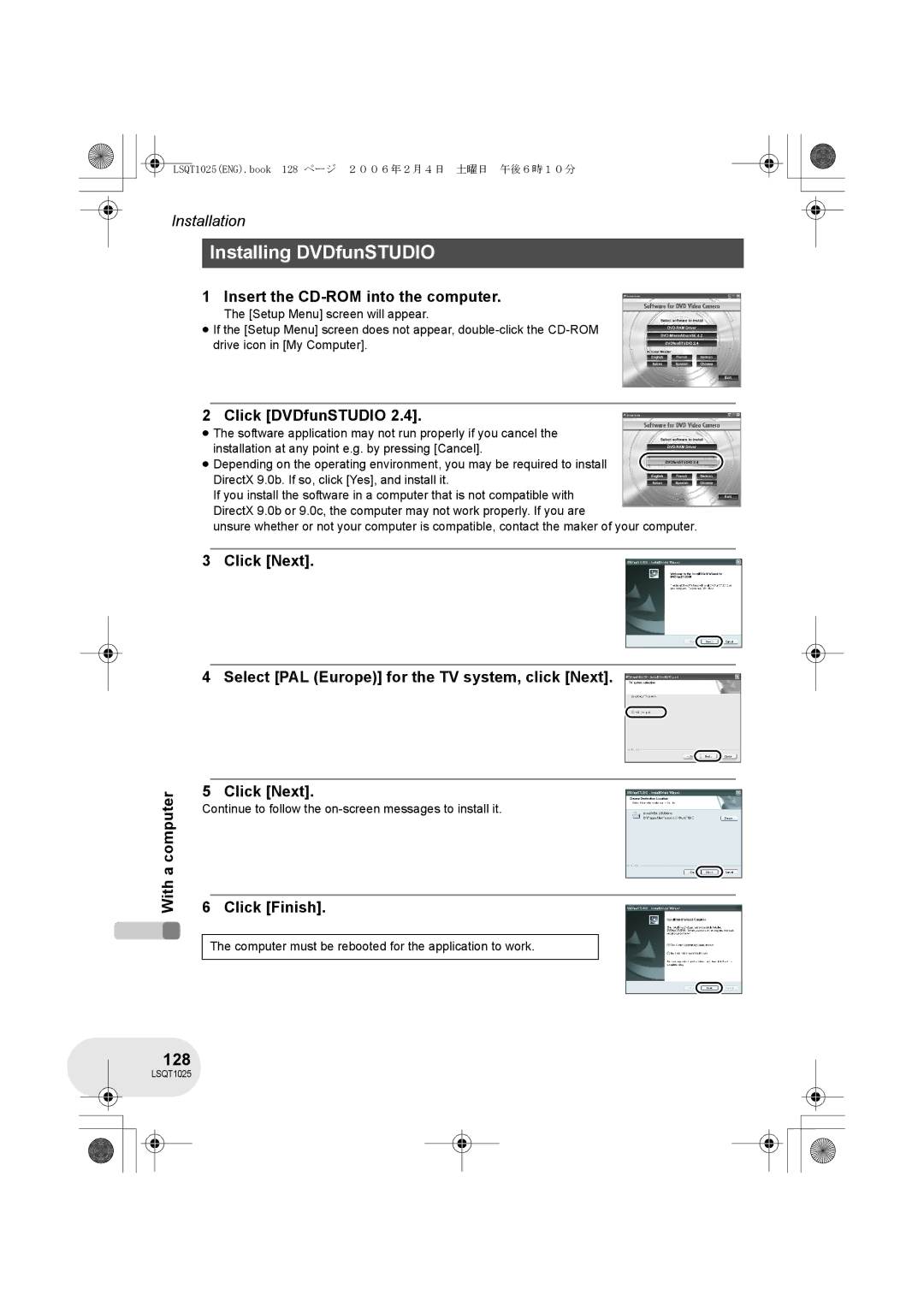 Panasonic VDR-D250GN, VDR-D300GN operating instructions Installing DVDfunSTUDIO, 128, Click DVDfunSTUDIO 