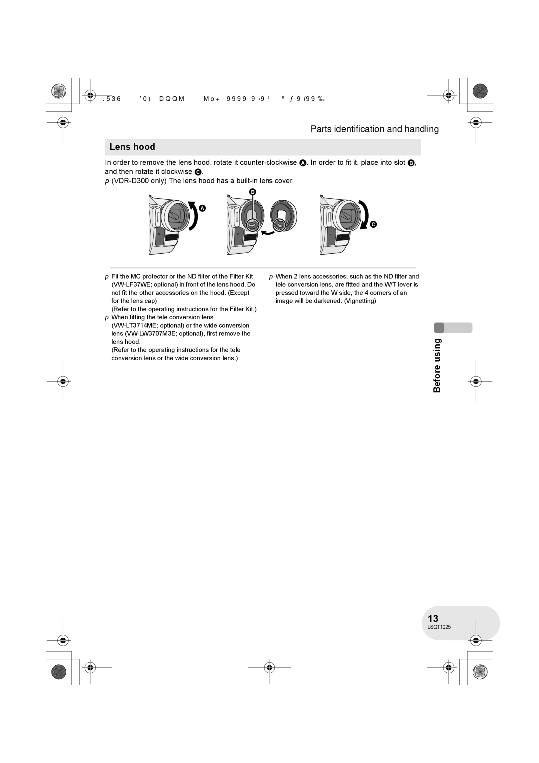 Panasonic VDR-D300GN, VDR-D250GN operating instructions Lens hood, Before using 