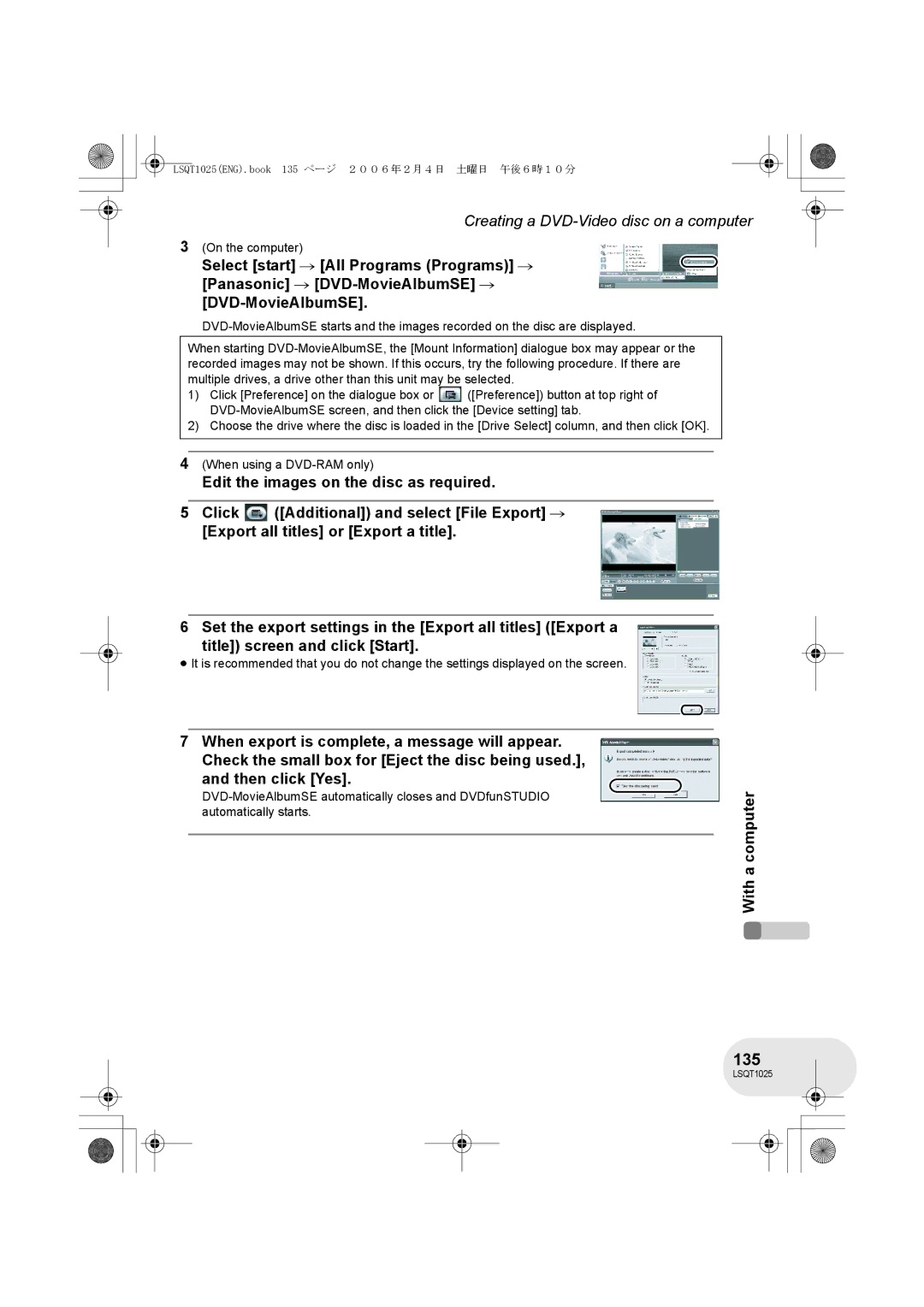 Panasonic VDR-D300GN, VDR-D250GN operating instructions 135, On the computer 