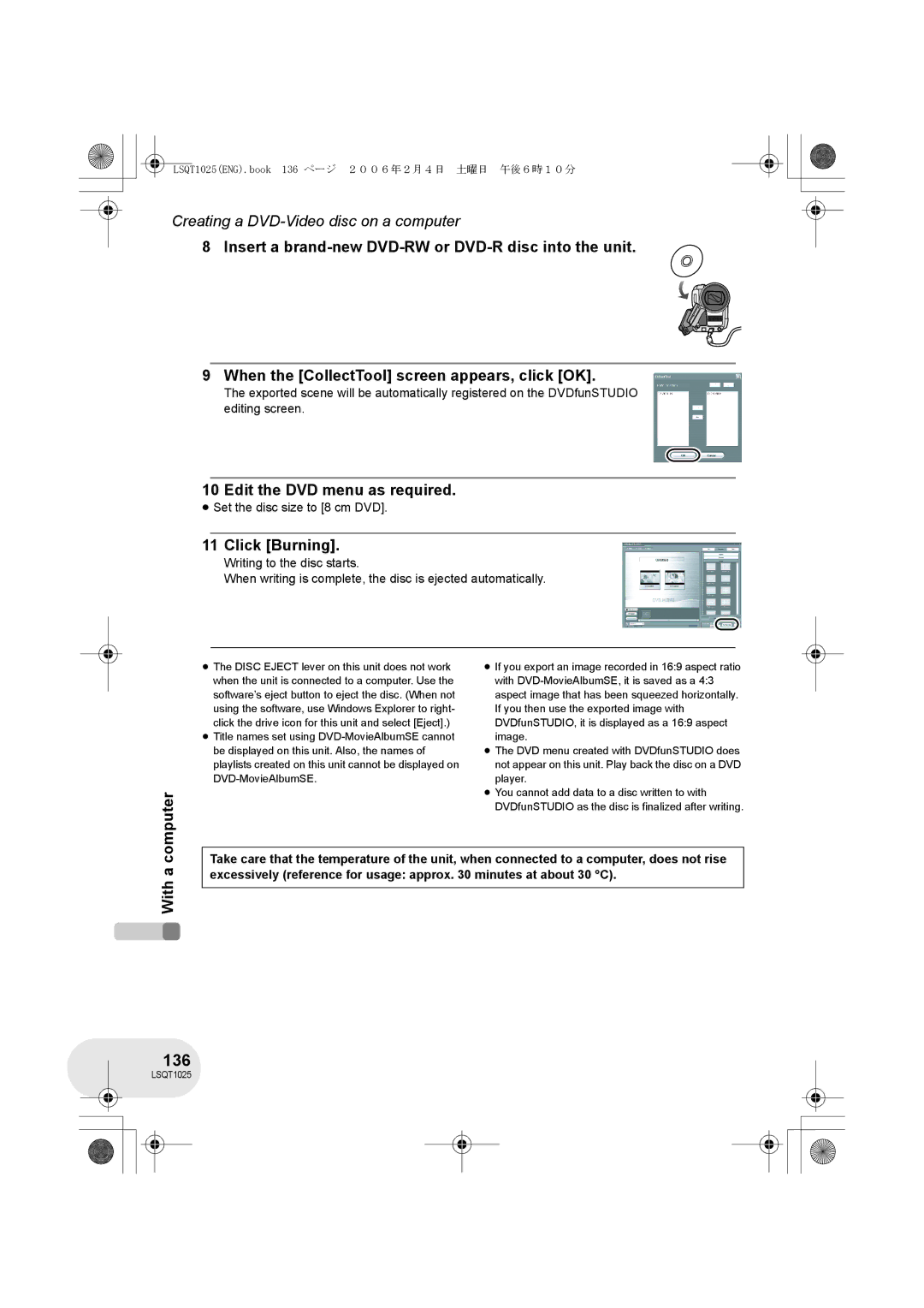 Panasonic VDR-D250GN, VDR-D300GN 136, Edit the DVD menu as required, Click Burning, ≥ Set the disc size to 8 cm DVD 