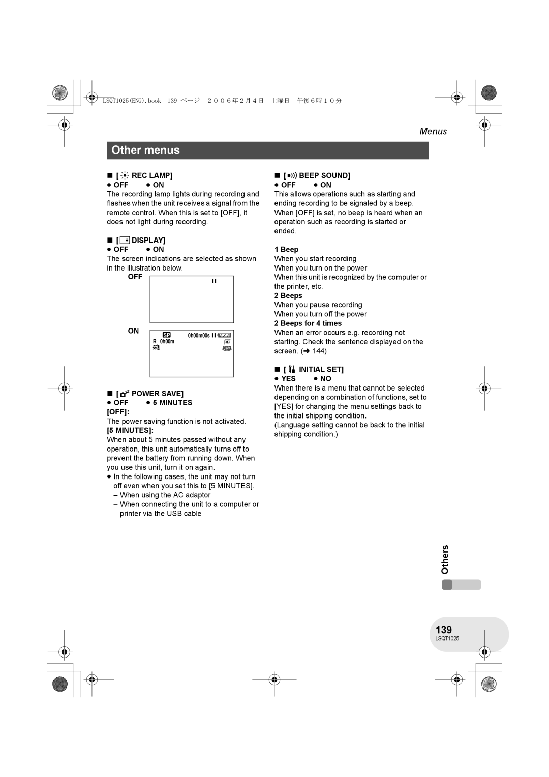 Panasonic VDR-D300GN, VDR-D250GN operating instructions Other menus, 139, Power Save ≥ OFF ≥ 5 Minutes OFF, Initial SET 