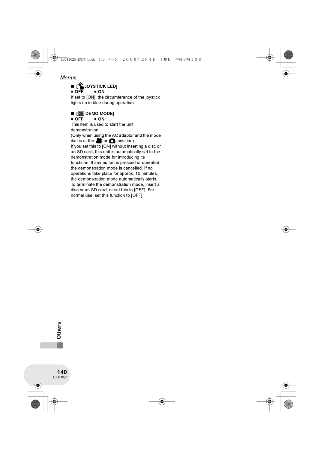 Panasonic VDR-D250GN, VDR-D300GN operating instructions 140, Joystick LED, Demo Demo Mode 