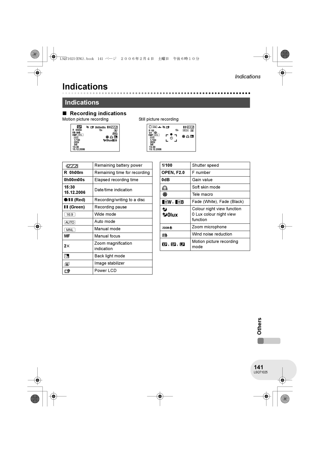 Panasonic VDR-D300GN, VDR-D250GN operating instructions Indications, 141, Recording indications 