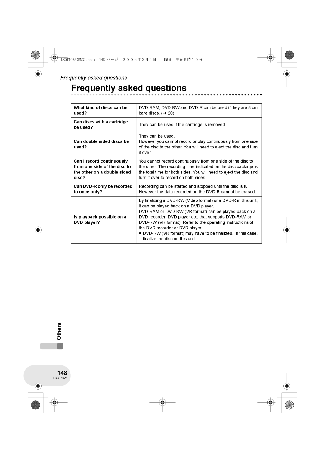 Panasonic VDR-D250GN, VDR-D300GN operating instructions Frequently asked questions, 148 