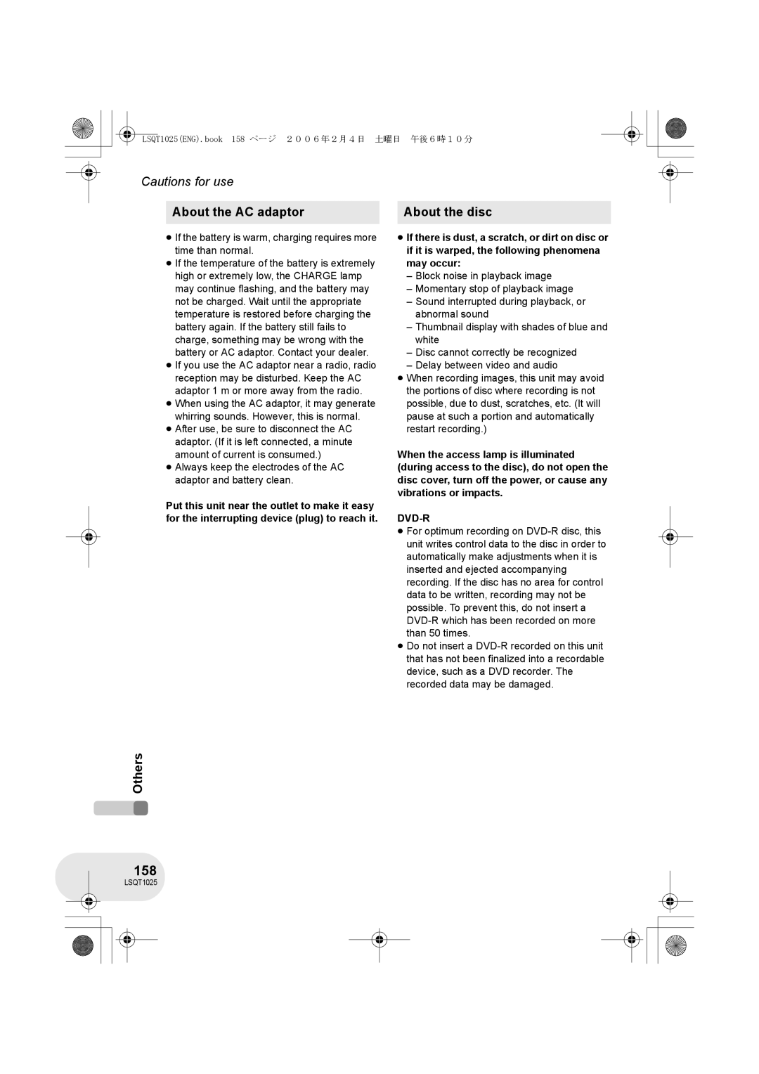 Panasonic VDR-D250GN, VDR-D300GN operating instructions 158, About the AC adaptor, About the disc, Dvd-R 