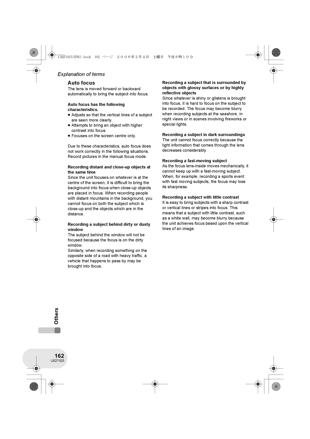 Panasonic VDR-D250GN, VDR-D300GN operating instructions 162, Auto focus 