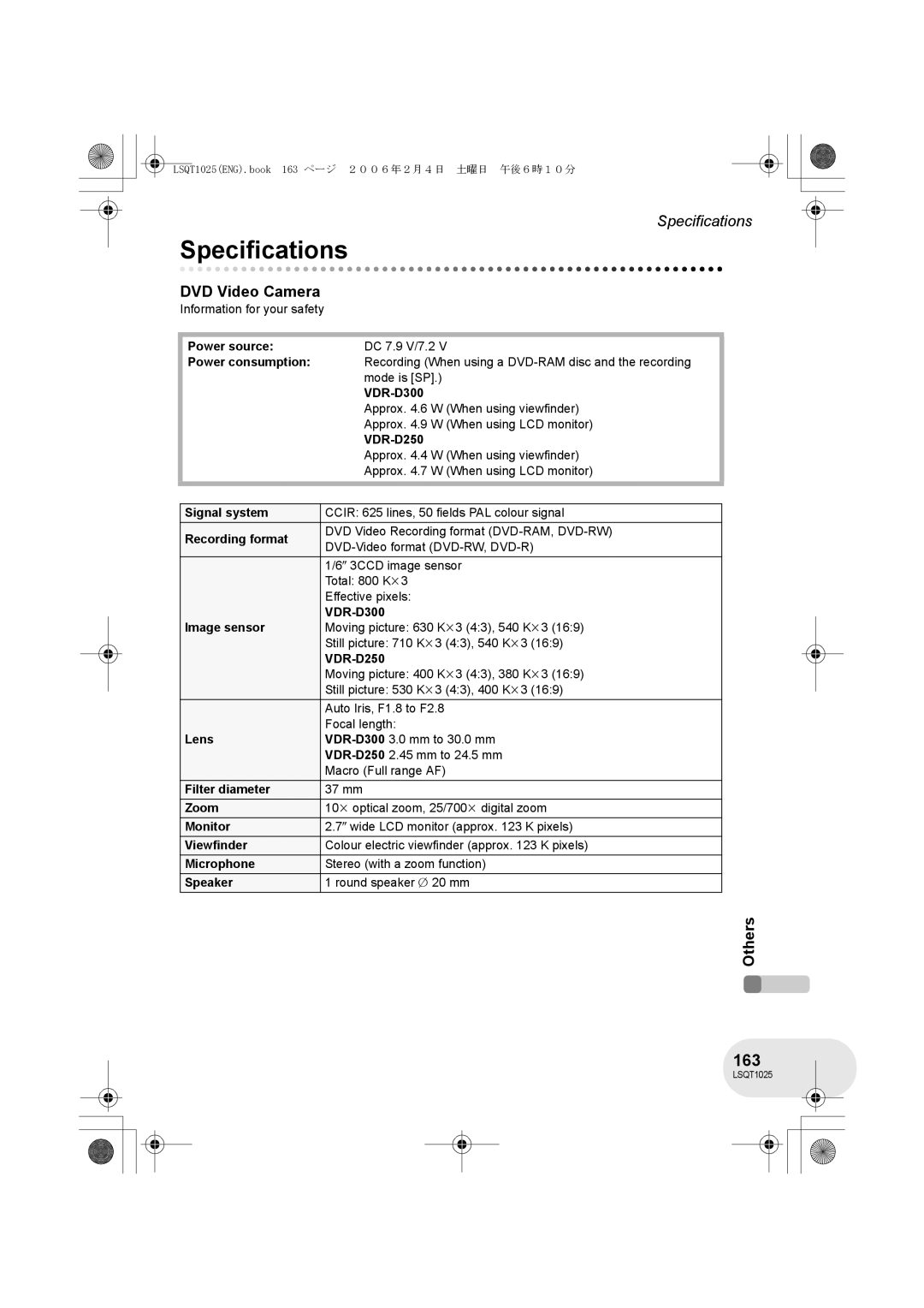 Panasonic VDR-D300GN, VDR-D250GN operating instructions Specifications, 163, DVD Video Camera 