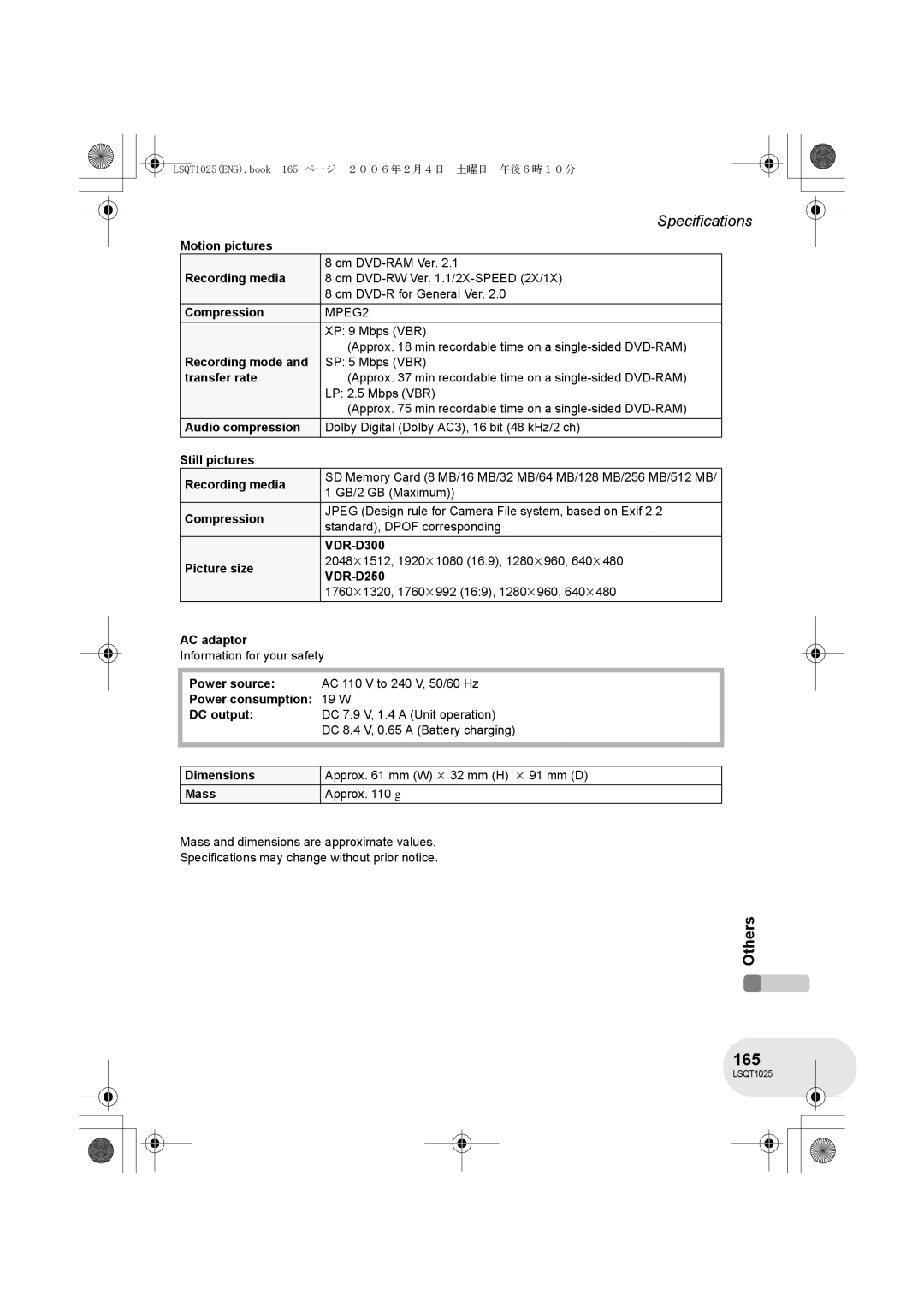 Panasonic VDR-D300GN, VDR-D250GN operating instructions 165 