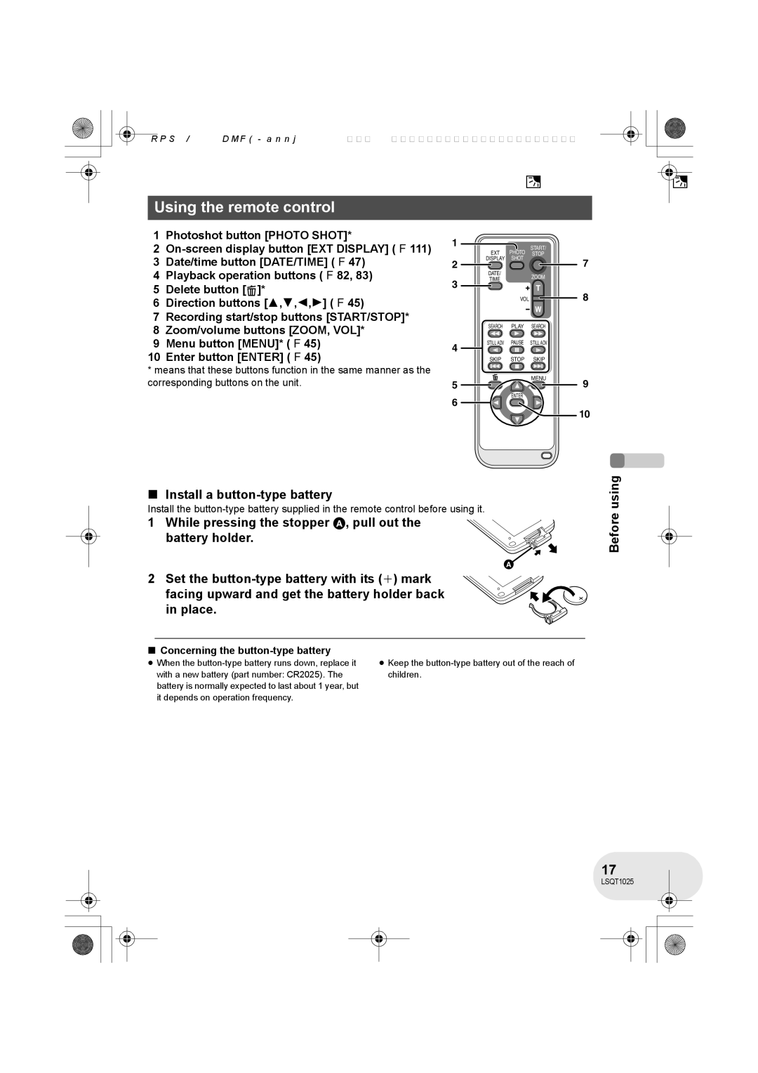 Panasonic VDR-D300GN Using the remote control, Install a button-type battery, Concerning the button-type battery 