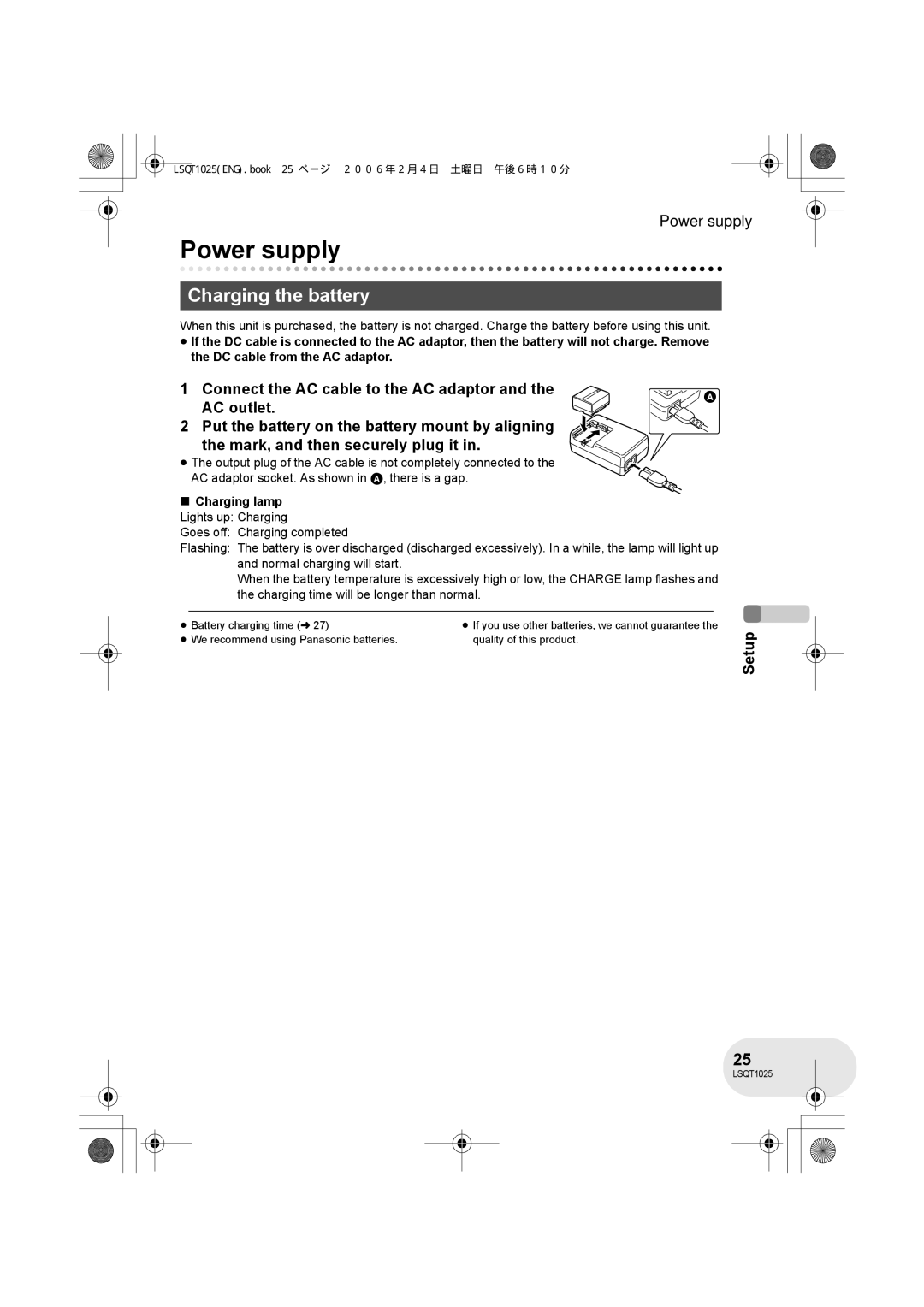 Panasonic VDR-D300GN, VDR-D250GN operating instructions Power supply, Charging the battery, Charging lamp Lights up Charging 