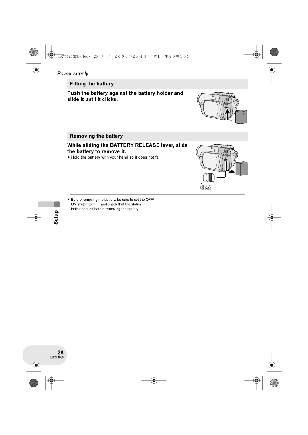 Panasonic VDR-D250GN, VDR-D300GN operating instructions Setup, ≥ Hold the battery with your hand so it does not fall 