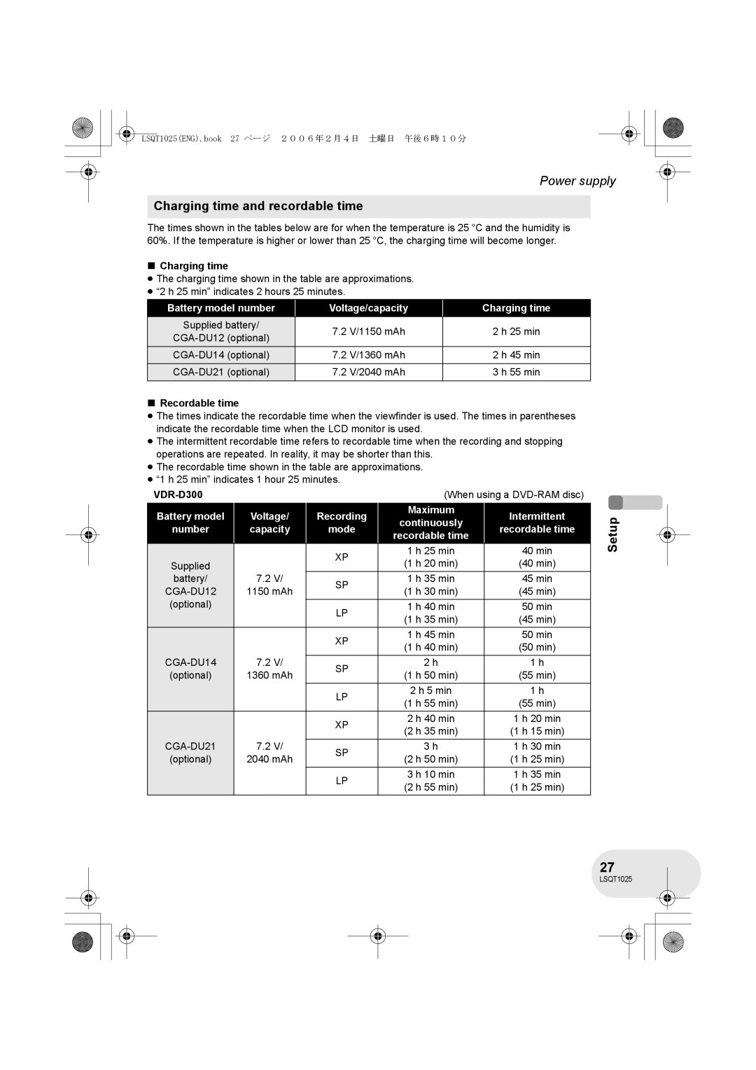 Panasonic VDR-D300GN, VDR-D250GN operating instructions Charging time and recordable time, Recordable time 