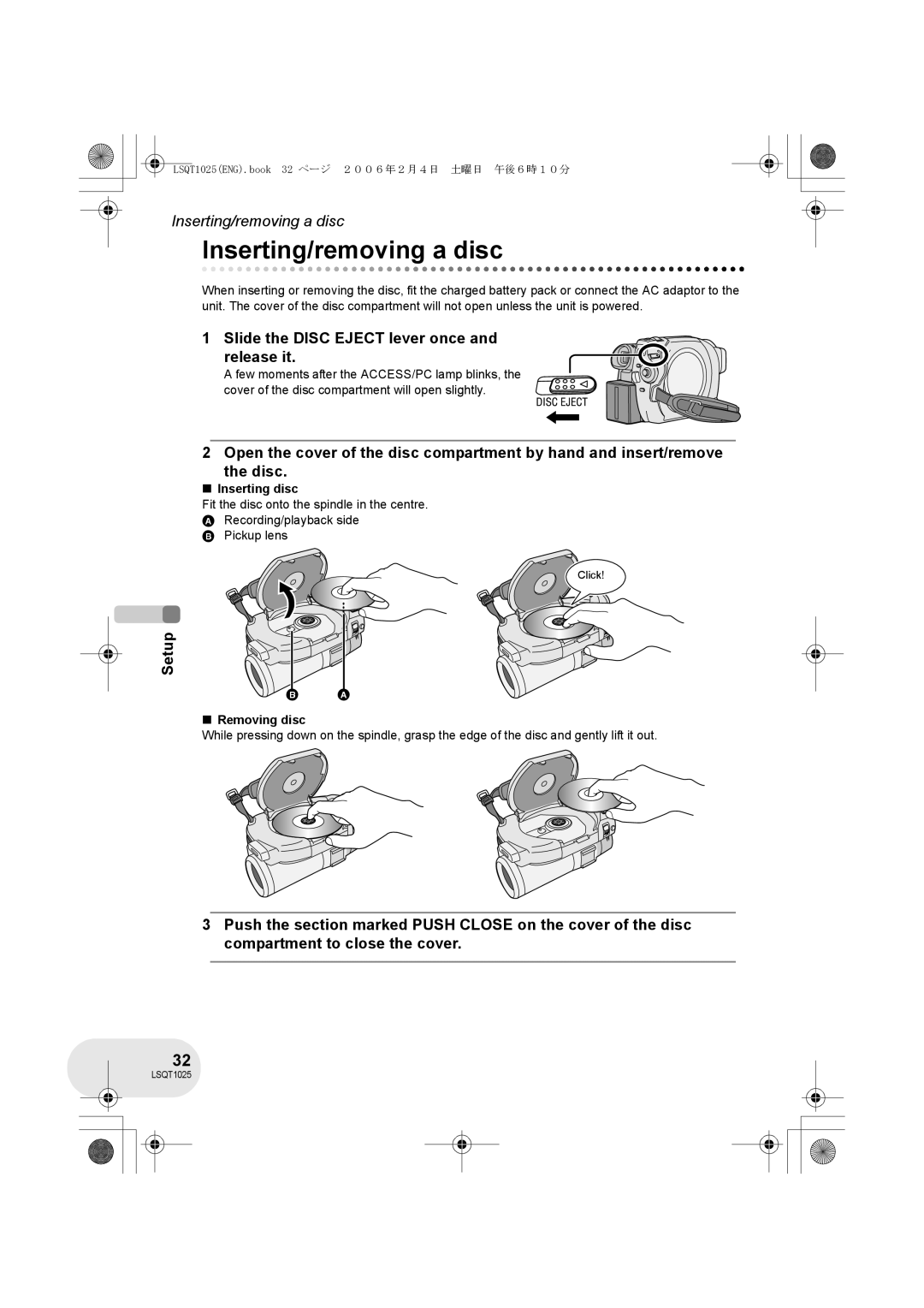 Panasonic VDR-D250GN, VDR-D300GN Inserting/removing a disc, Slide the Disc Eject lever once and release it, Inserting disc 