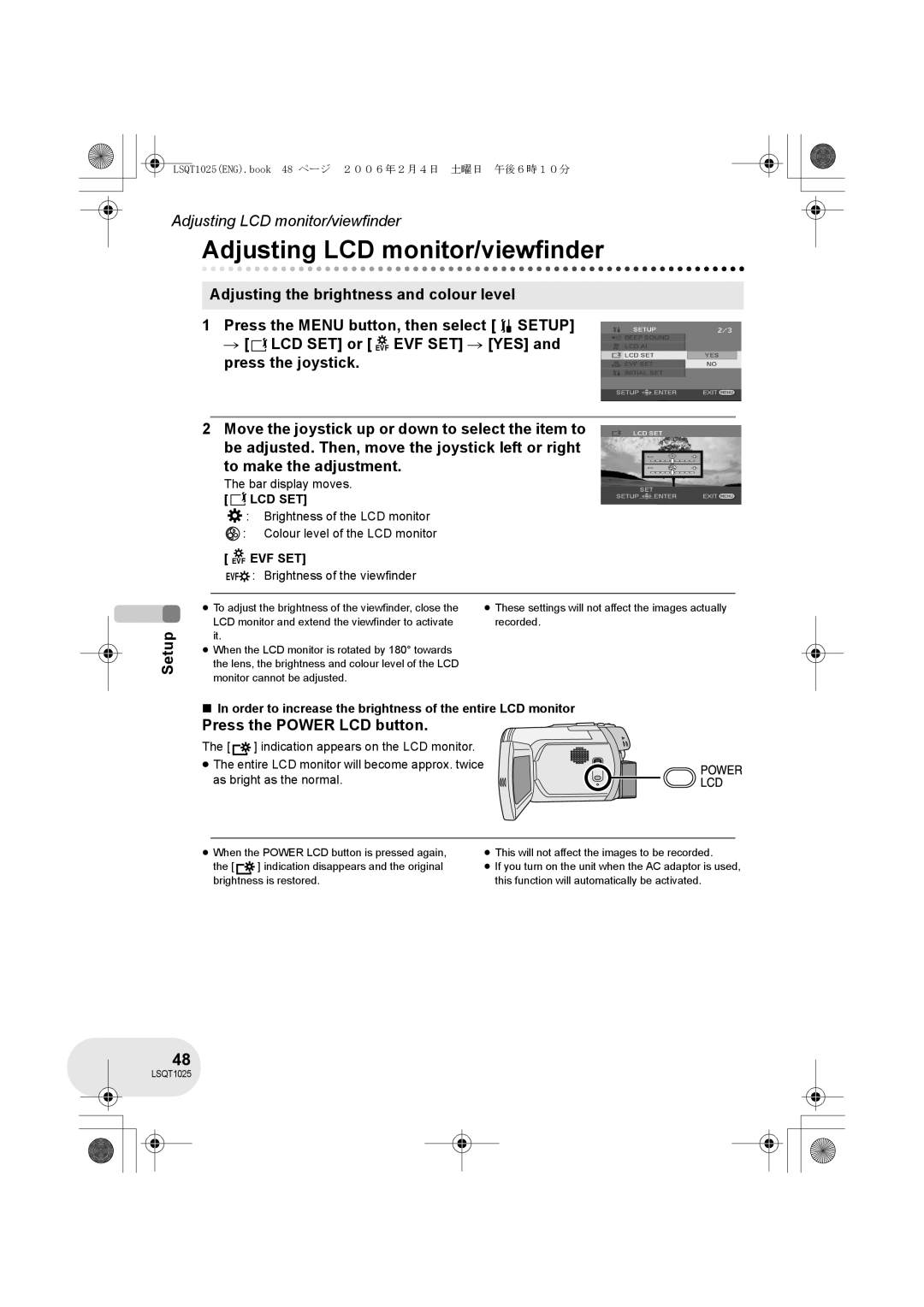 Panasonic VDR-D250GN, VDR-D300GN Adjusting LCD monitor/viewfinder, Press the Power LCD button, Lcd Set, Evf Evf Set 