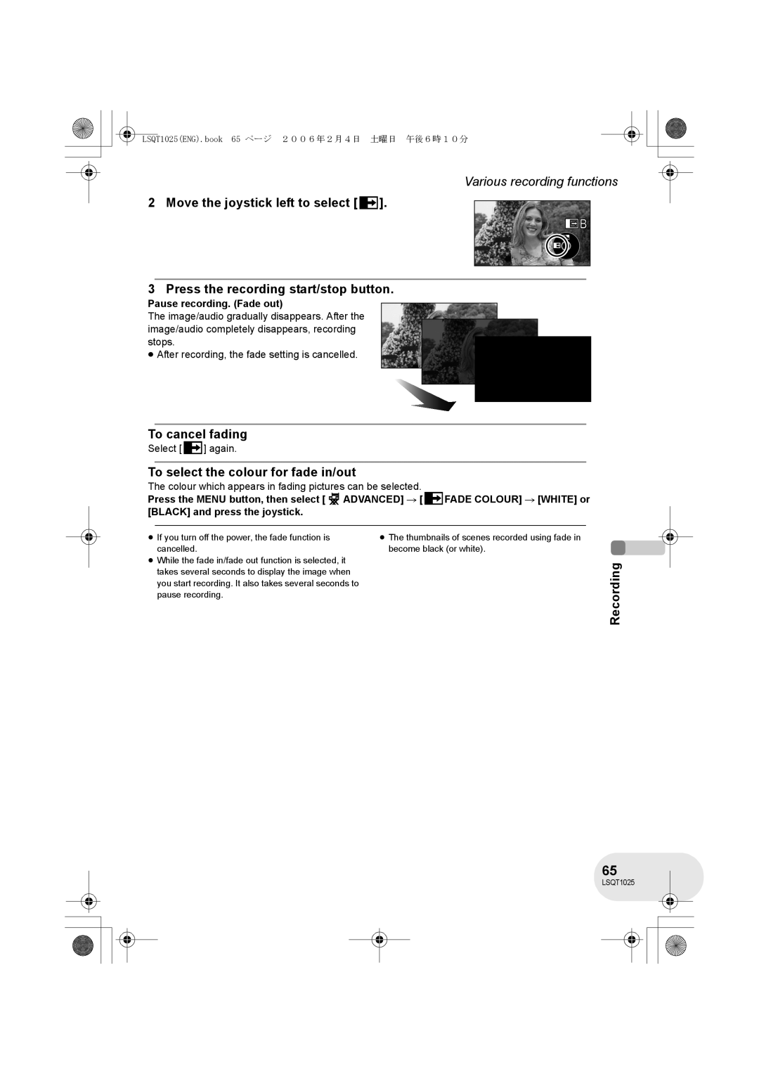 Panasonic VDR-D300GN To cancel fading, To select the colour for fade in/out, Pause recording. Fade out, Select again 