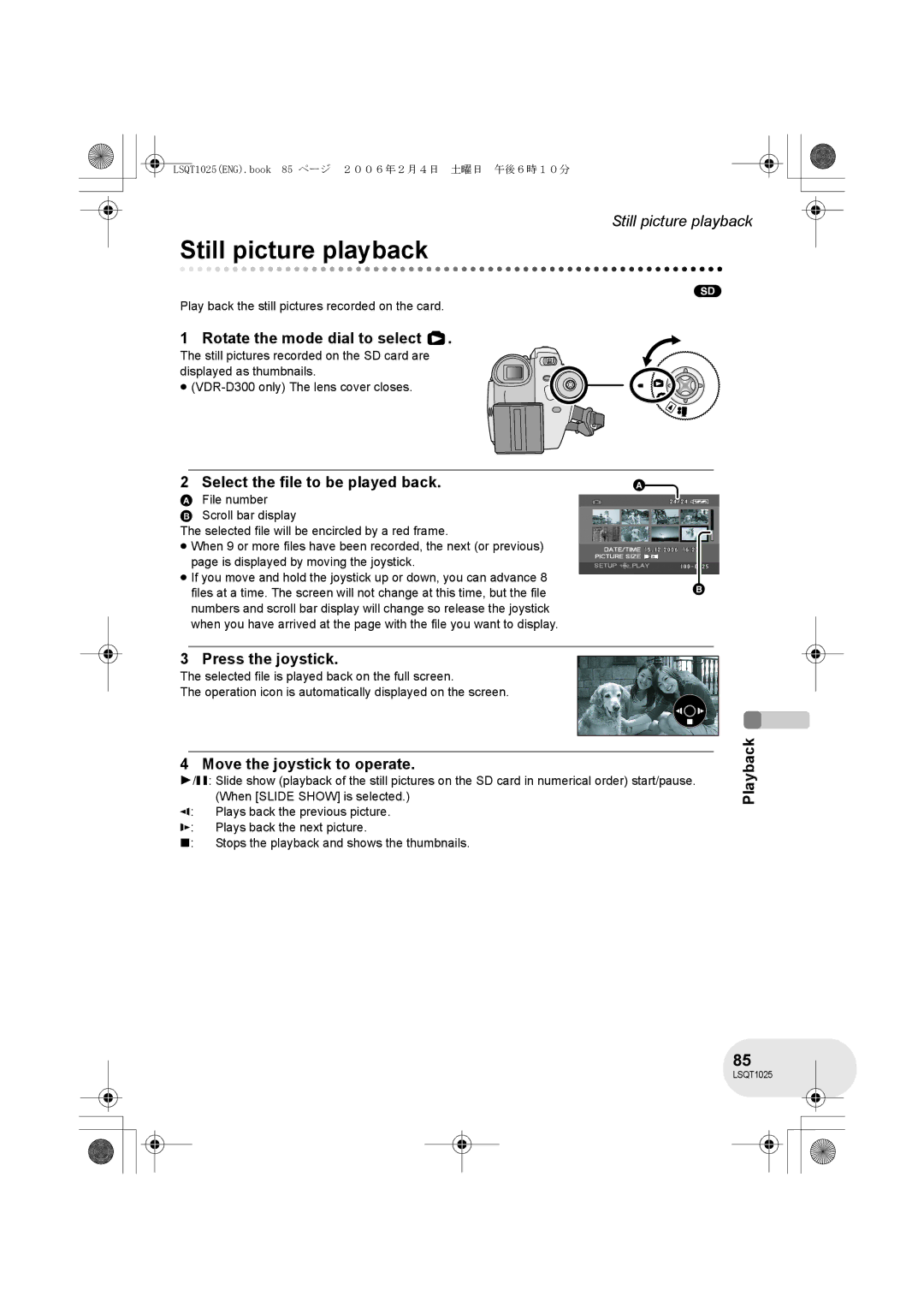 Panasonic VDR-D300GN, VDR-D250GN operating instructions Still picture playback, Select the file to be played back 