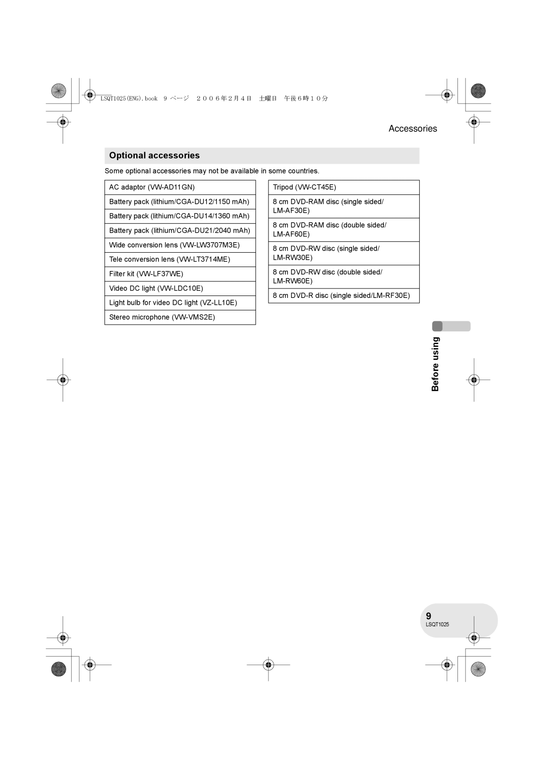 Panasonic VDR-D300GN, VDR-D250GN operating instructions Optional accessories 