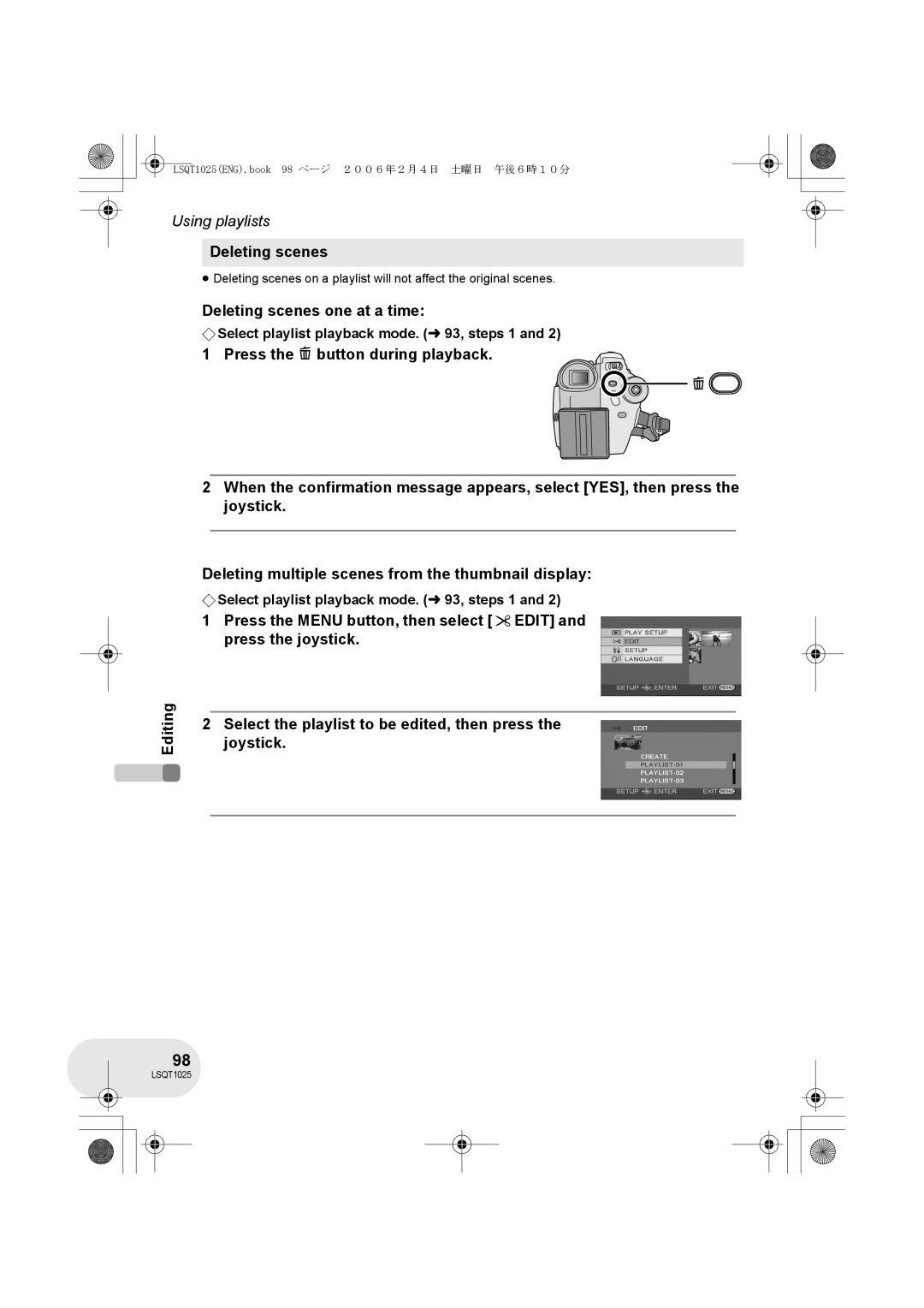 Panasonic VDR-D250GN, VDR-D300GN operating instructions Editing Deleting scenes one at a time 