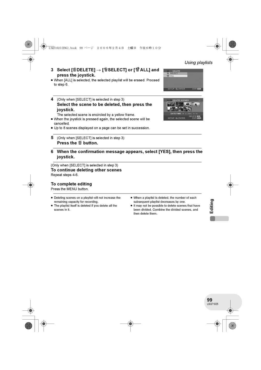 Panasonic VDR-D300GN, VDR-D250GN operating instructions Select Delete # Select or ALL and press the joystick 