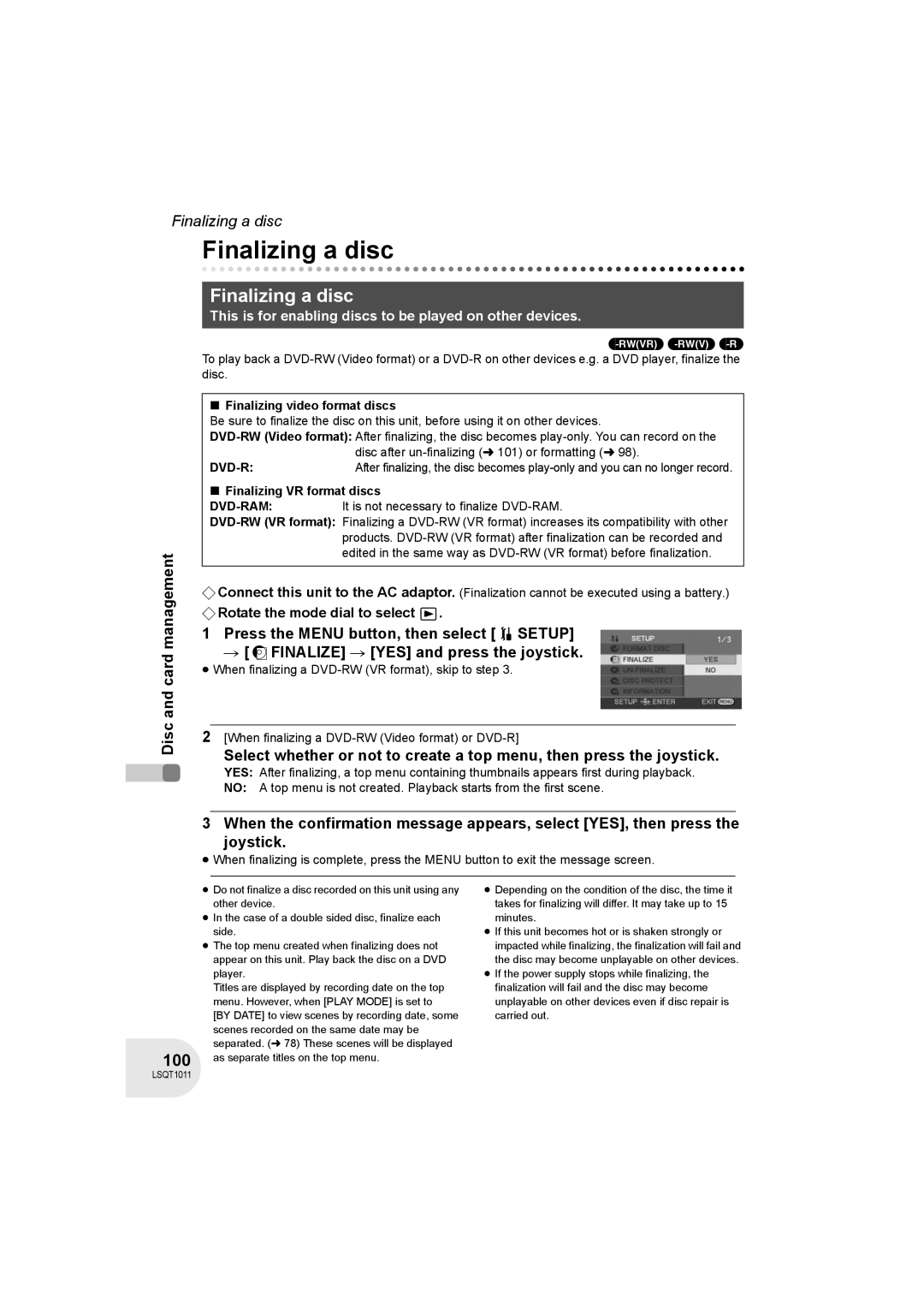 Panasonic VDR-D300 operating instructions Finalizing a disc, 100, Dvd-R 