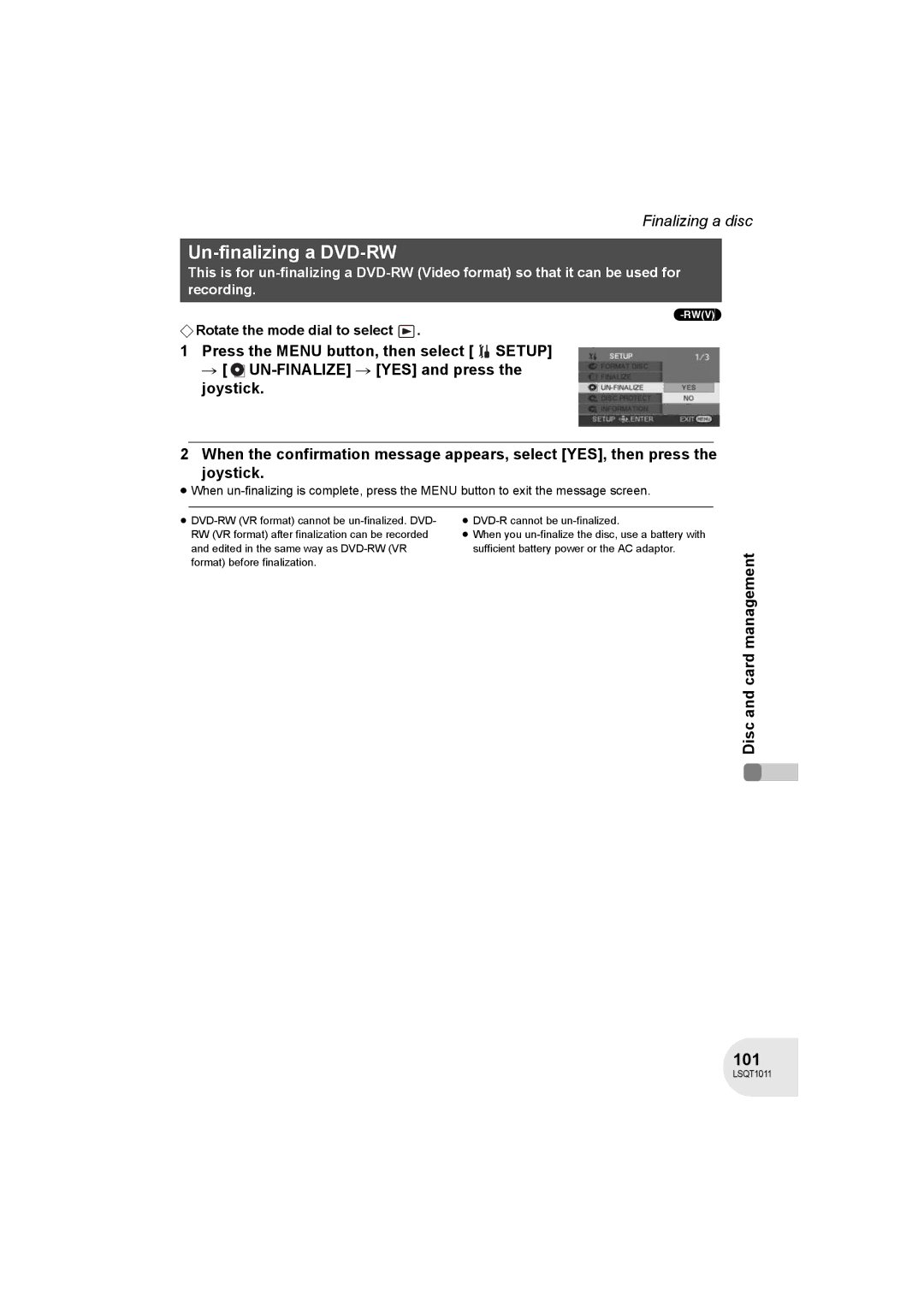 Panasonic VDR-D300 operating instructions Un-finalizing a DVD-RW, 101 