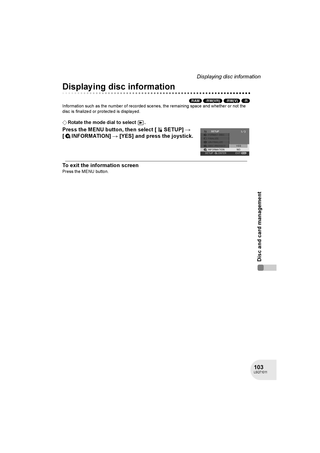 Panasonic VDR-D300 operating instructions Displaying disc information, 103 