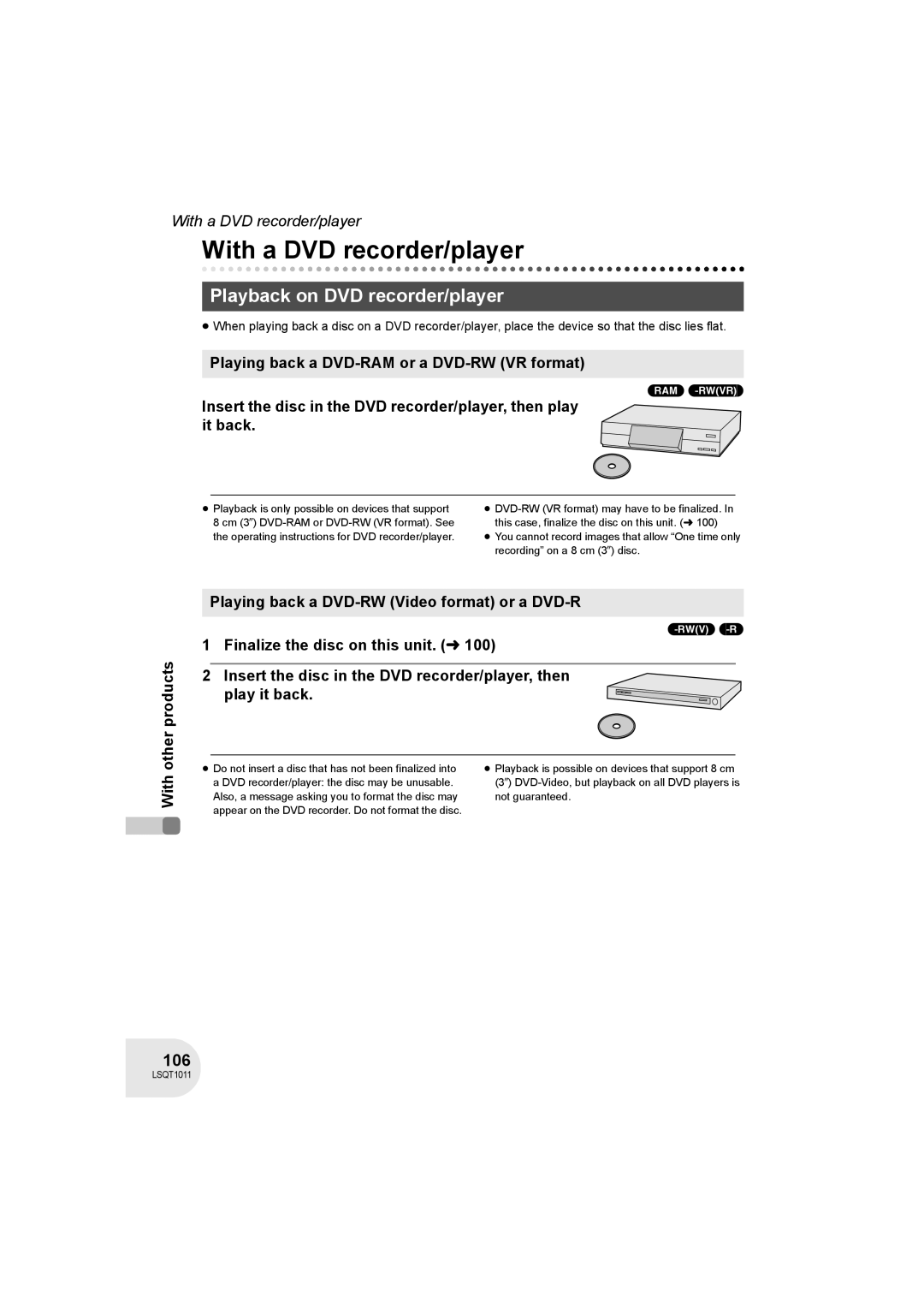 Panasonic VDR-D300 operating instructions With a DVD recorder/player, Playback on DVD recorder/player, 106, Rw‹V› -R 