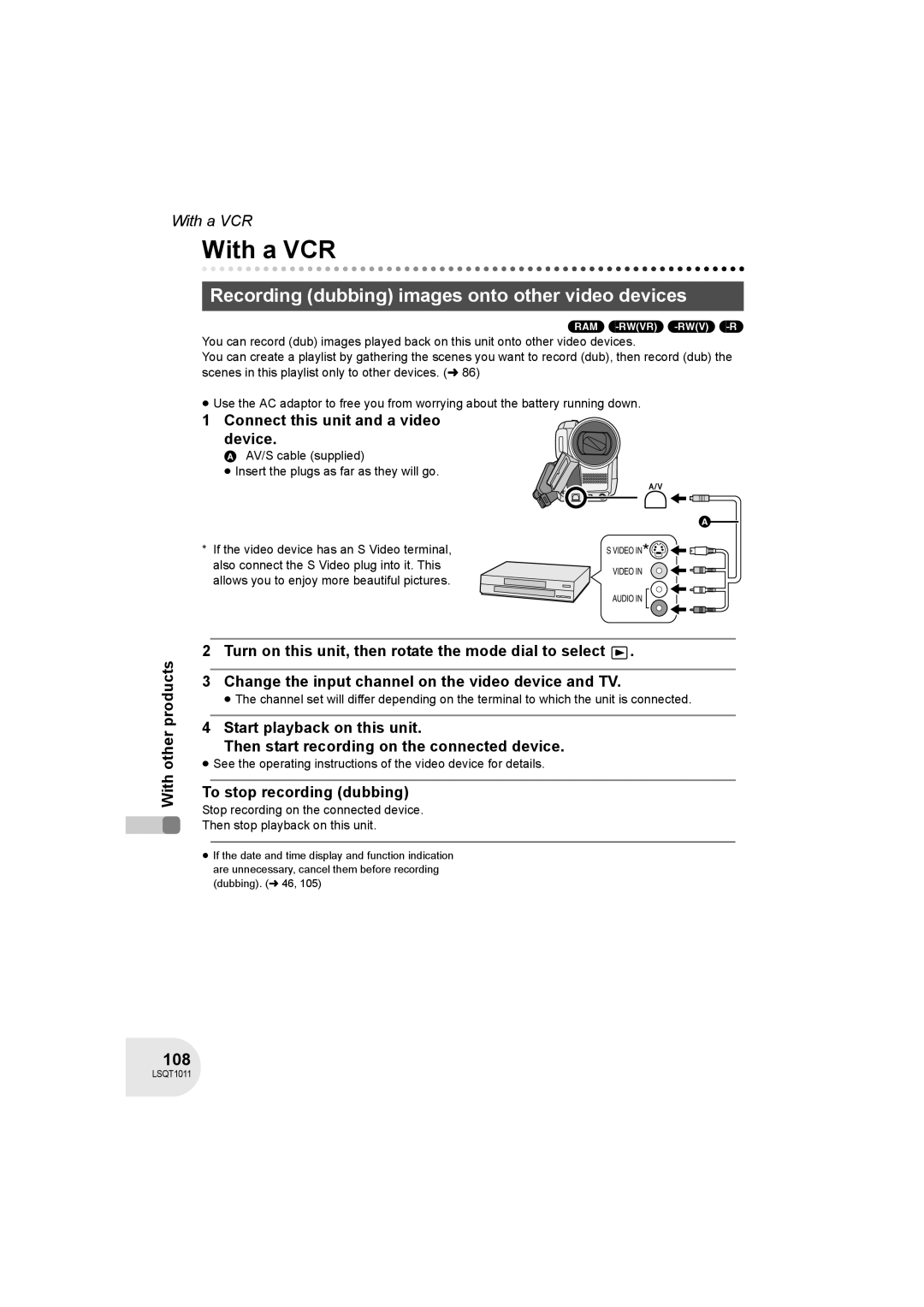 Panasonic VDR-D300 With a VCR, Recording dubbing images onto other video devices, 108, To stop recording dubbing 