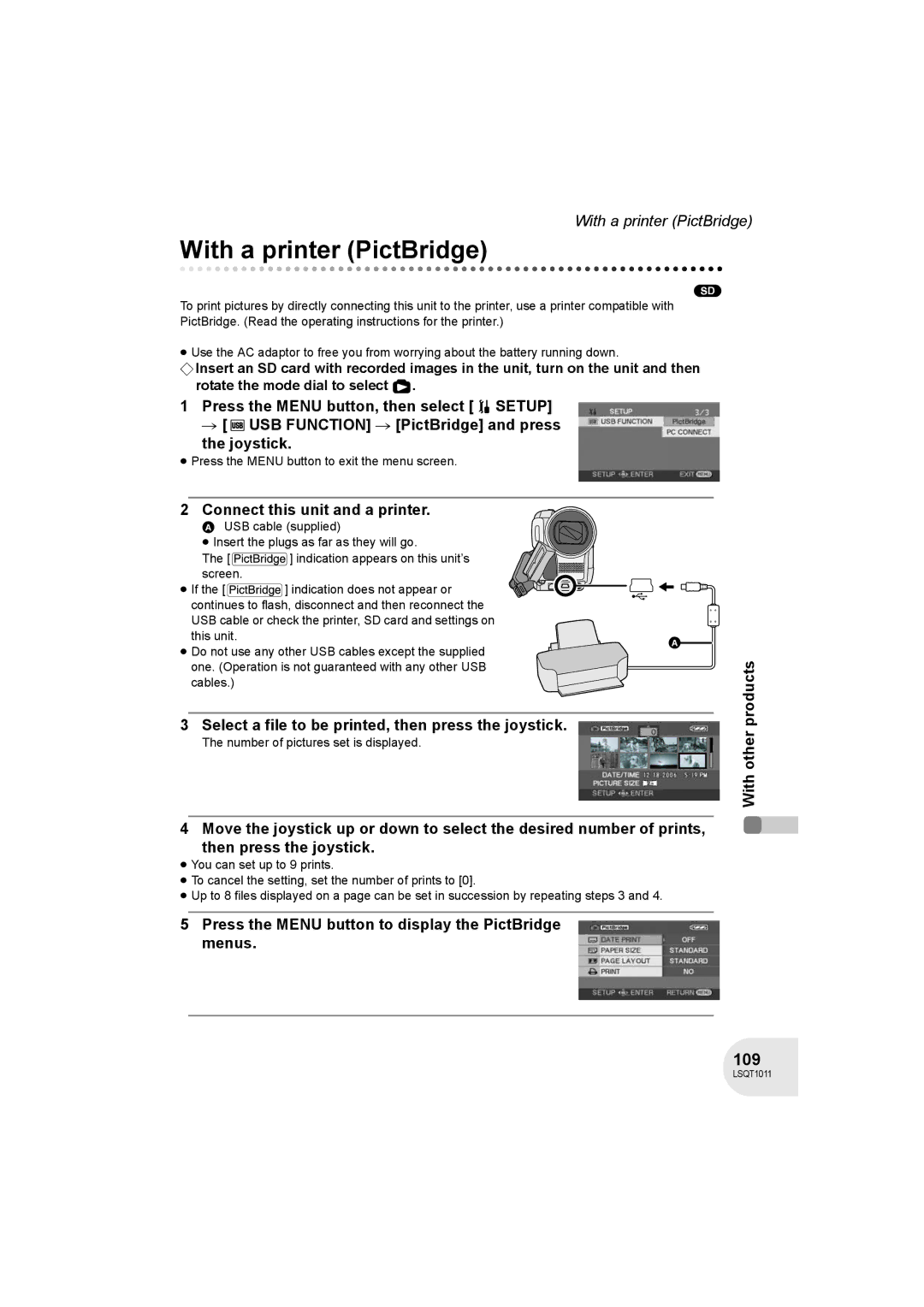 Panasonic VDR-D300 operating instructions With a printer PictBridge, 109, Connect this unit and a printer 