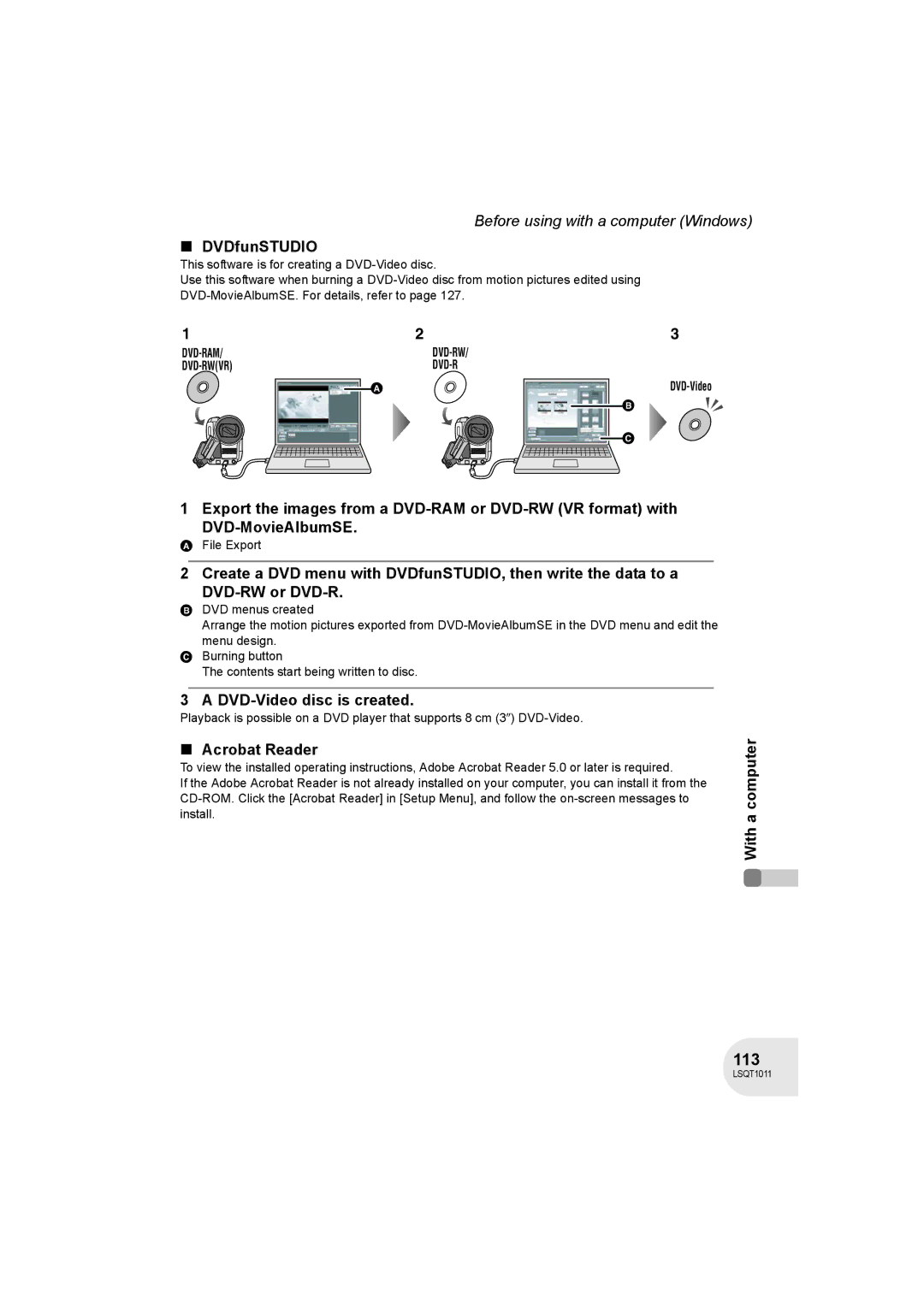 Panasonic VDR-D300 operating instructions 113, DVDfunSTUDIO, DVD-Video disc is created, Acrobat Reader, File Export 