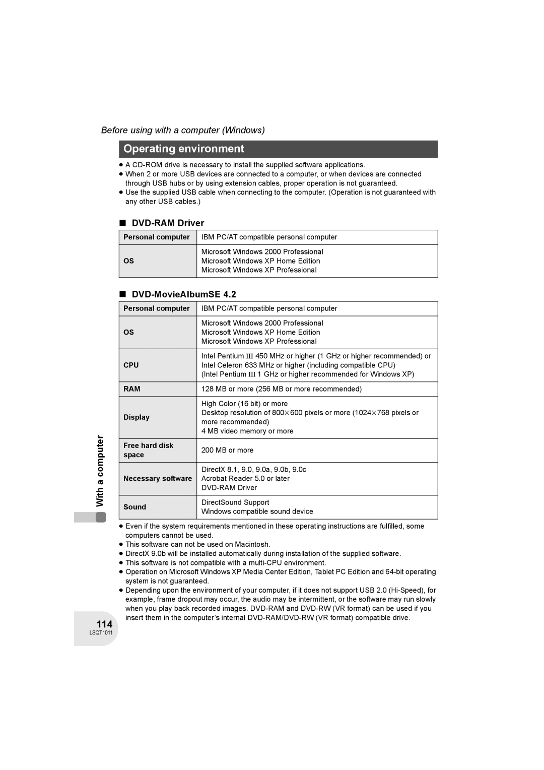 Panasonic VDR-D300 operating instructions Operating environment, 114, DVD-MovieAlbumSE, Cpu, Ram 