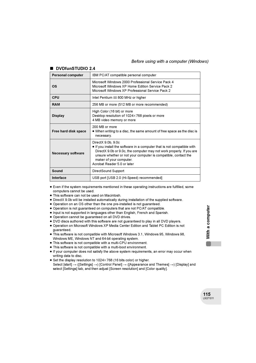 Panasonic VDR-D300 operating instructions 115, Free hard disk space, Necessary software, Interface 