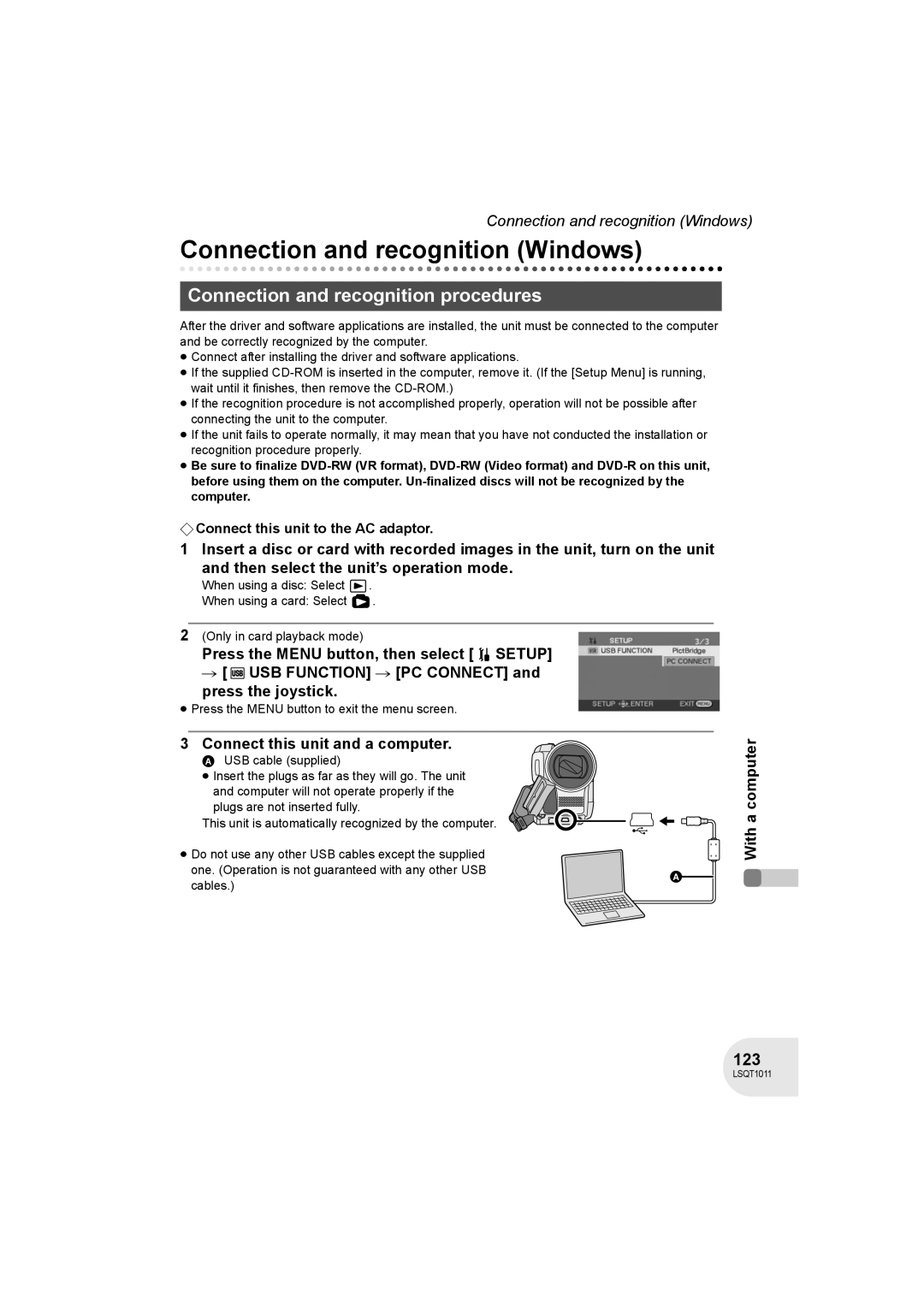 Panasonic VDR-D300 operating instructions Connection and recognition Windows, Connection and recognition procedures, 123 