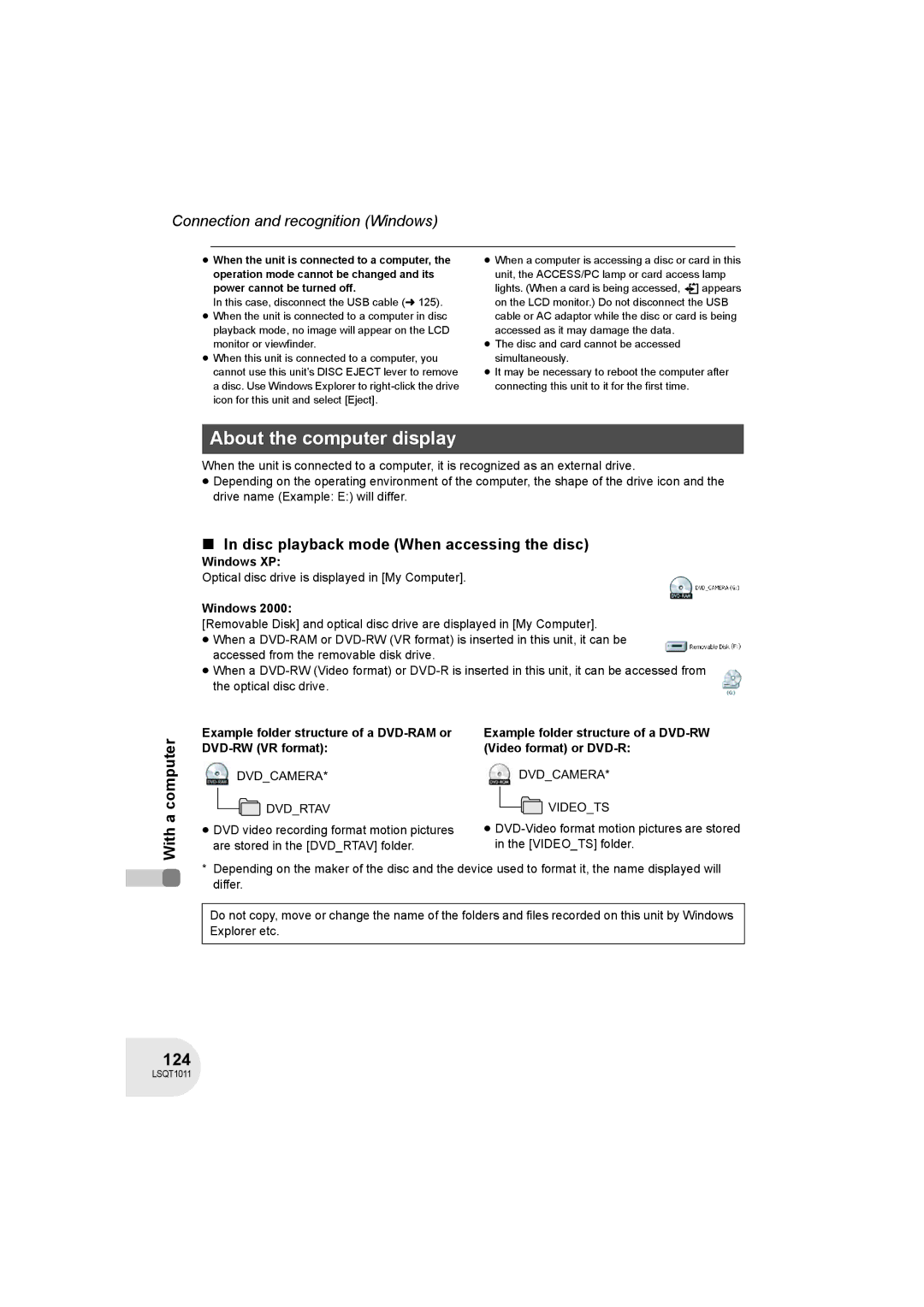 Panasonic VDR-D300 operating instructions About the computer display, 124, Disc playback mode When accessing the disc 