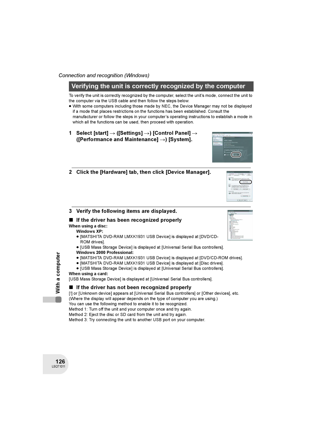 Panasonic VDR-D300 operating instructions Verifying the unit is correctly recognized by the computer, 126 