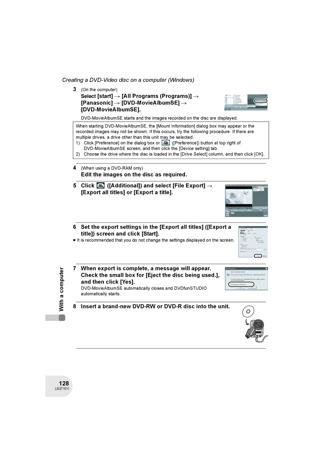 Panasonic VDR-D300 128, Insert a brand-new DVD-RW or DVD-R disc into the unit, On the computer, When using a DVD-RAM only 