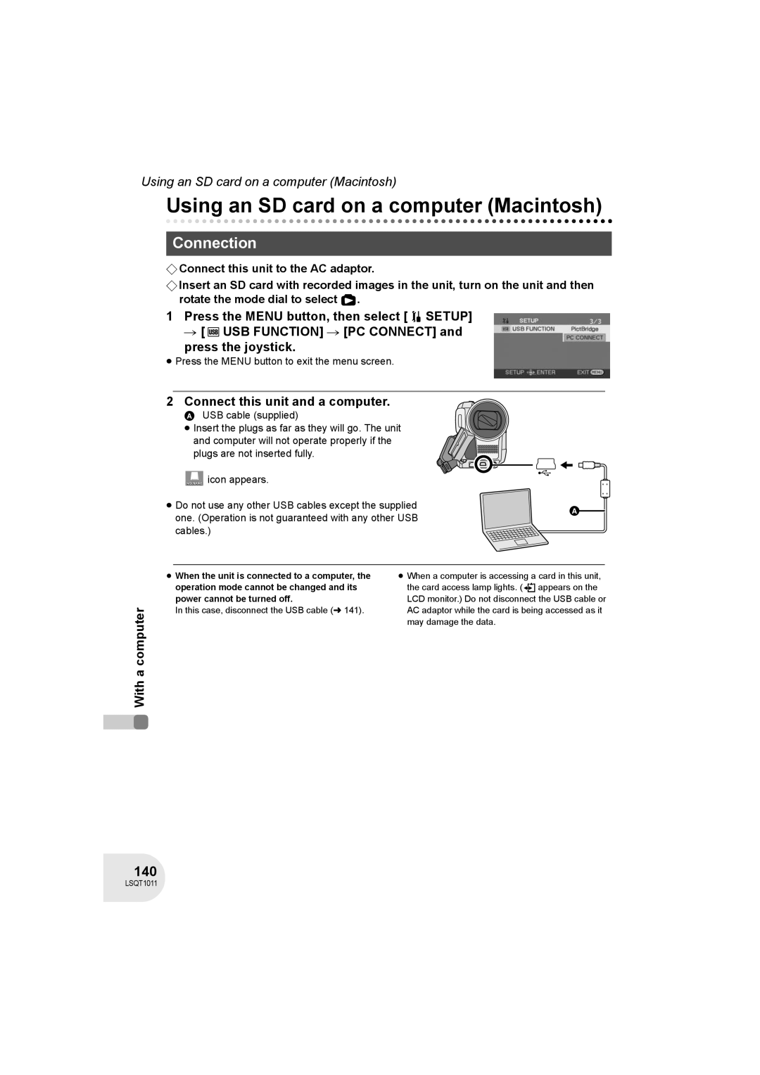 Panasonic VDR-D300 operating instructions Using an SD card on a computer Macintosh, Connection, 140 