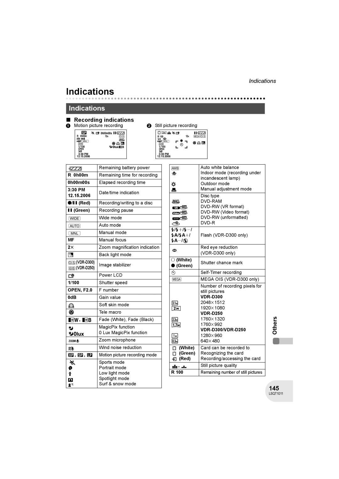 Panasonic VDR-D300 operating instructions Indications, 145, Recording indications 