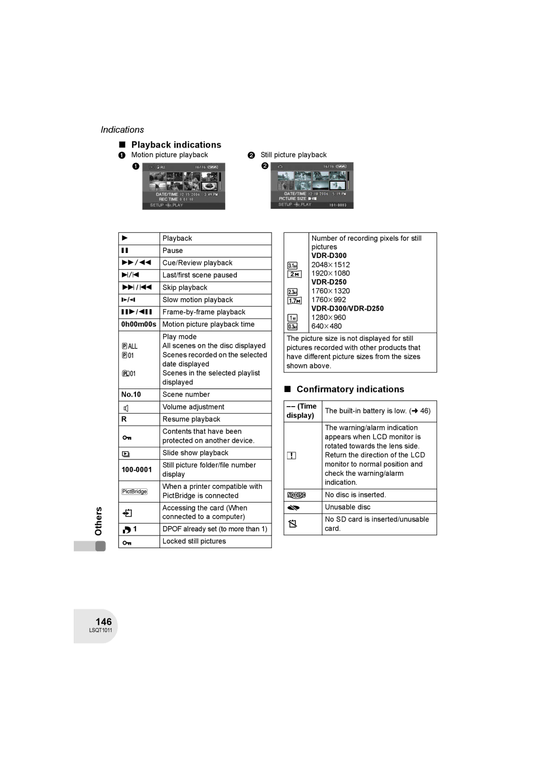 Panasonic VDR-D300 operating instructions 146, Playback indications, Confirmatory indications 