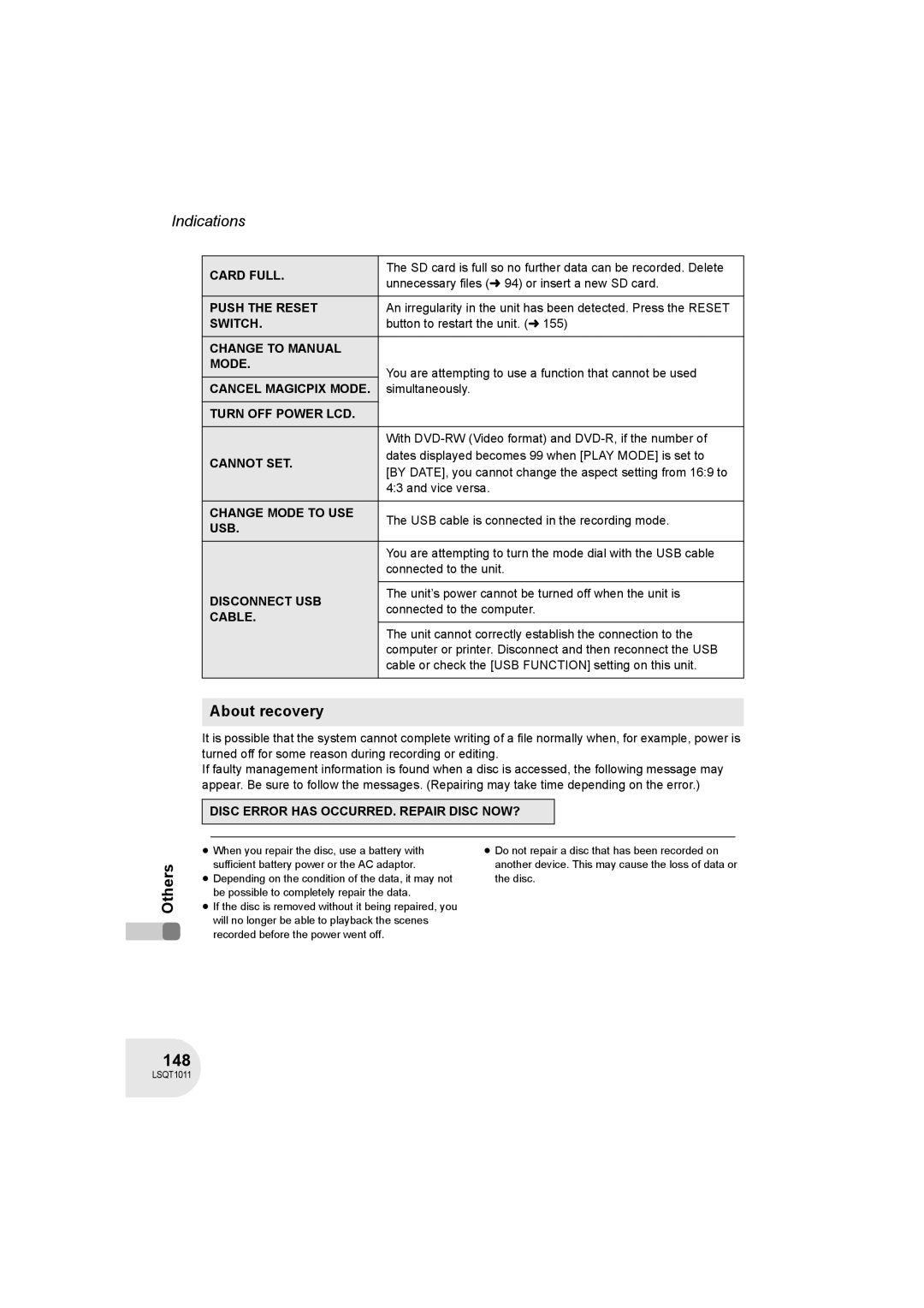 Panasonic VDR-D300 operating instructions 148, About recovery 