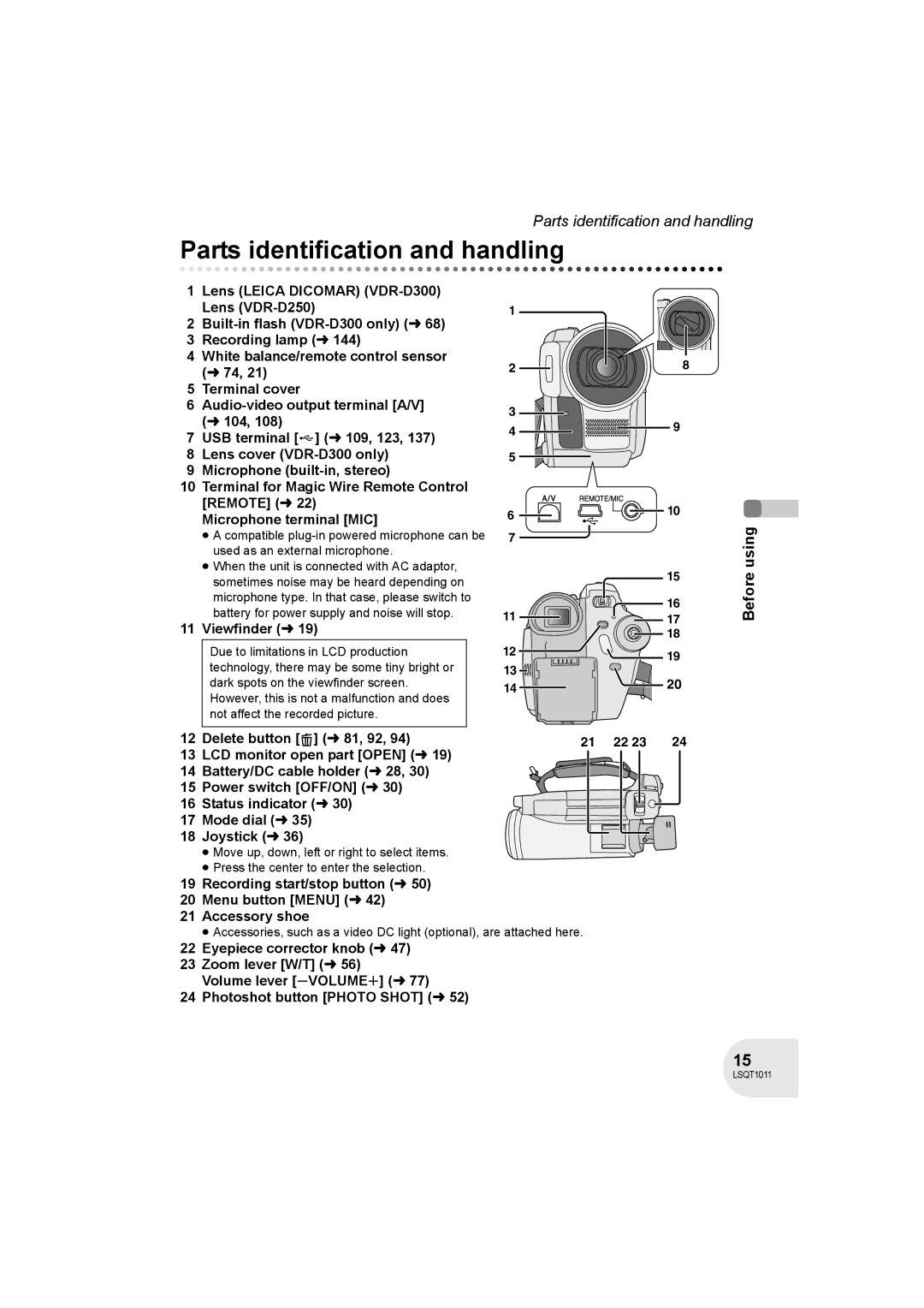 Panasonic VDR-D300 operating instructions Parts identification and handling, Viewfinder l 