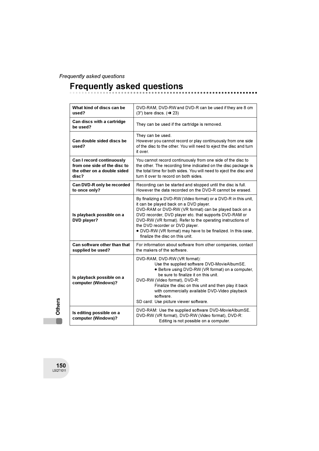 Panasonic VDR-D300 operating instructions Frequently asked questions, 150 