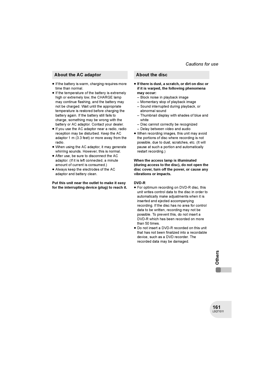 Panasonic VDR-D300 operating instructions 161, About the AC adaptor, About the disc 