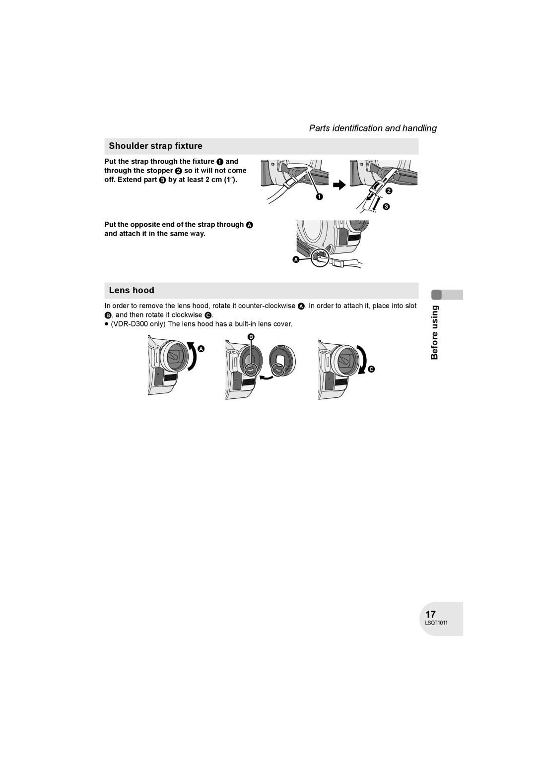 Panasonic VDR-D300 operating instructions Shoulder strap fixture, Lens hood 