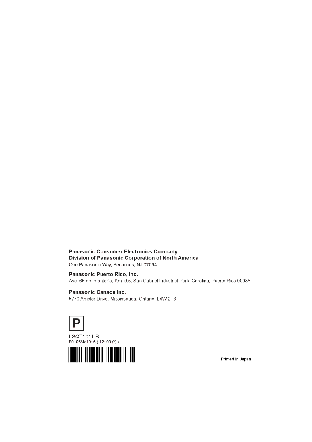 Panasonic VDR-D300 operating instructions Panasonic Puerto Rico, Inc, Panasonic Canada Inc, F0106Mc1016 12100 B 