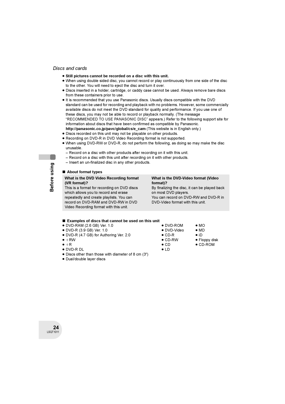 Panasonic VDR-D300 Examples of discs that cannot be used on this unit, ≥ DVD-RAM 2.6 GB Ver, ≥ Mo, ≥ Floppy disk 