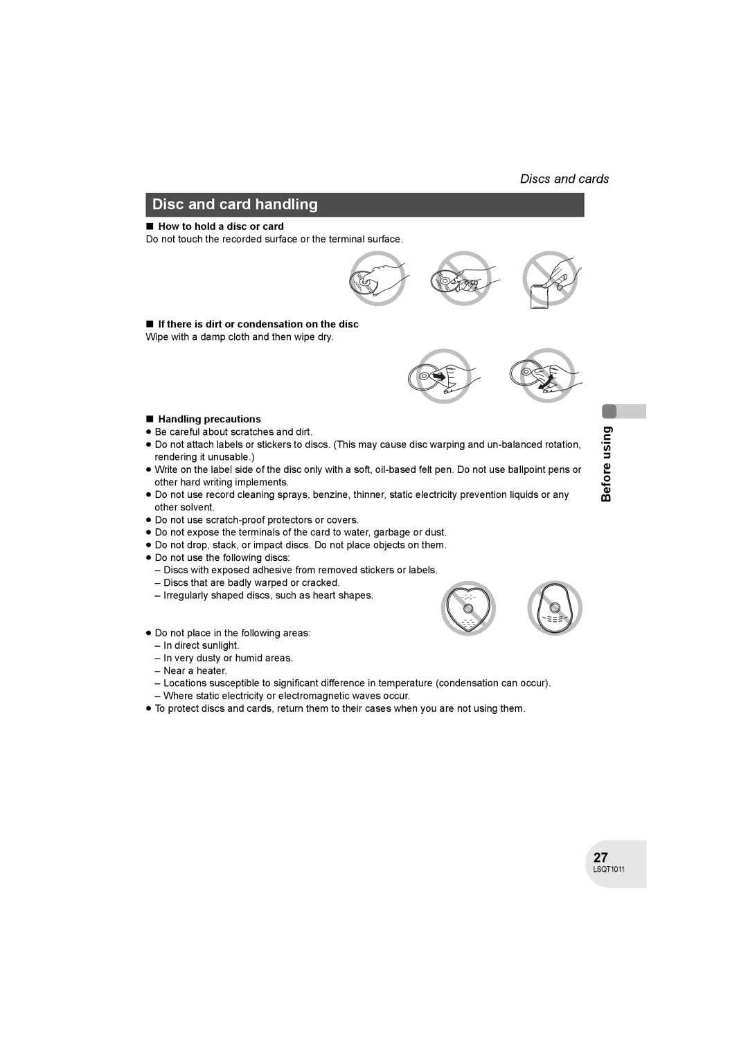 Panasonic VDR-D300 operating instructions Disc and card handling, How to hold a disc or card, Handling precautions 