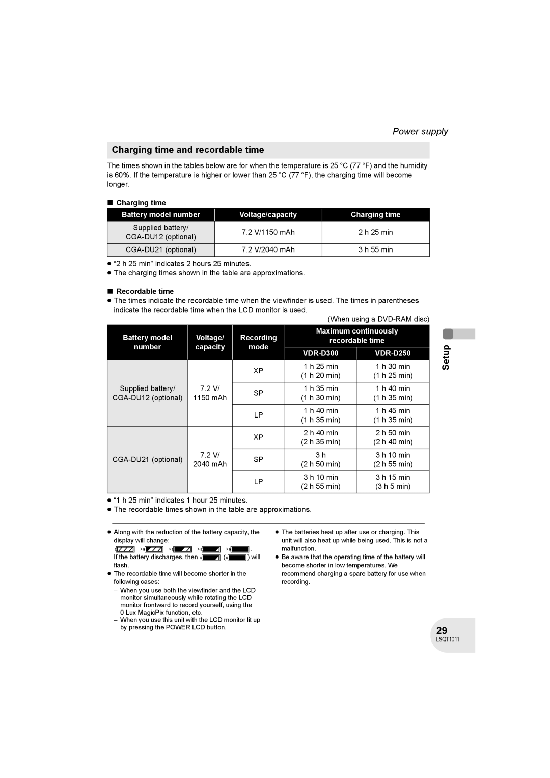 Panasonic VDR-D300 operating instructions Charging time and recordable time, Recordable time 