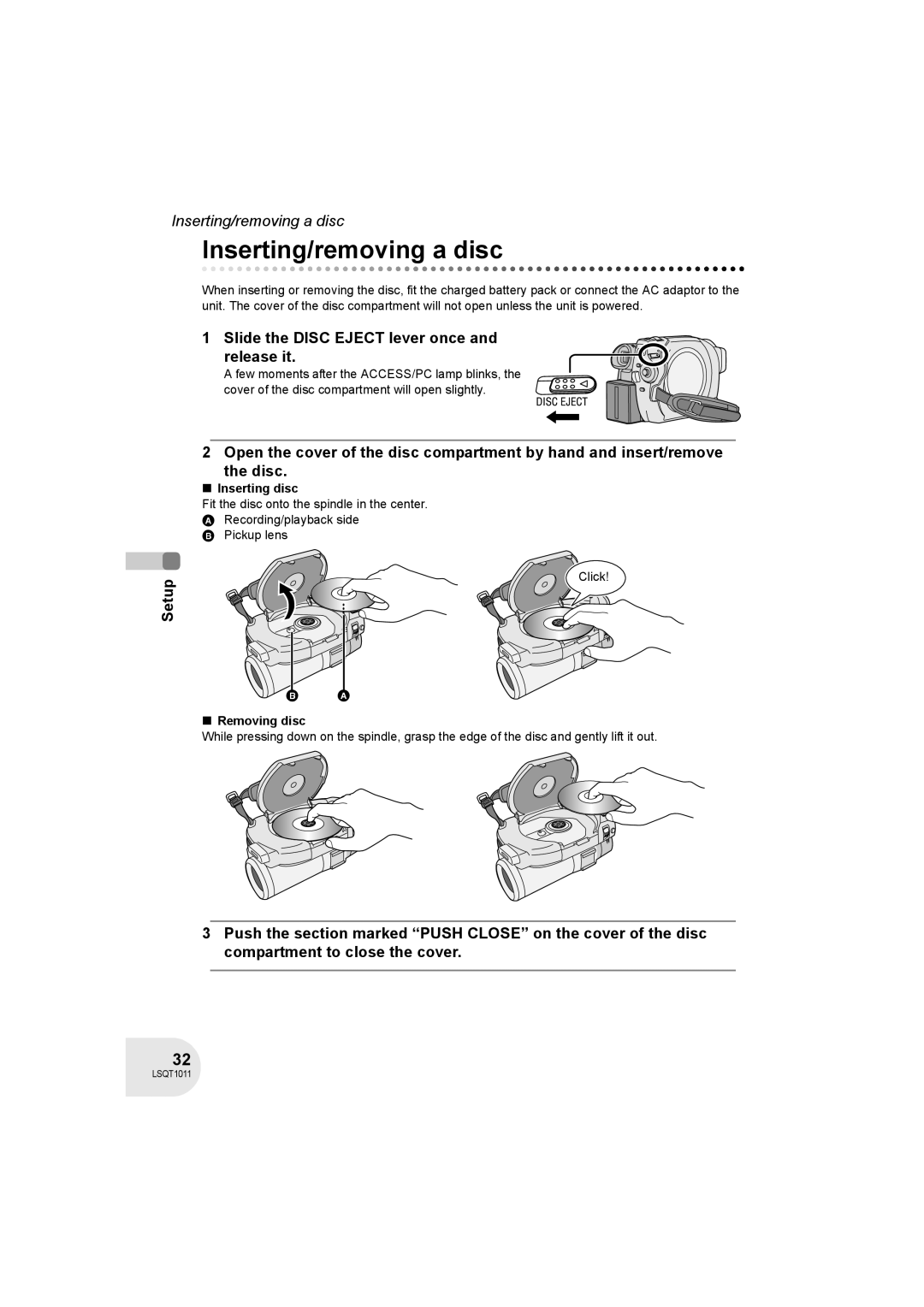 Panasonic VDR-D300 Inserting/removing a disc, Slide the Disc Eject lever once and release it, Inserting disc 